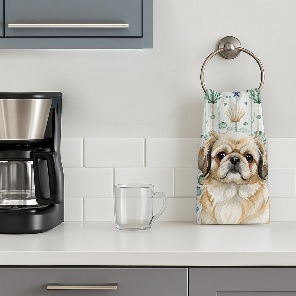 Fawn Pekingese Coastal Sea Glass Kitchen Towel Velour Plush Front and Cotton Loop Back Machine Washable