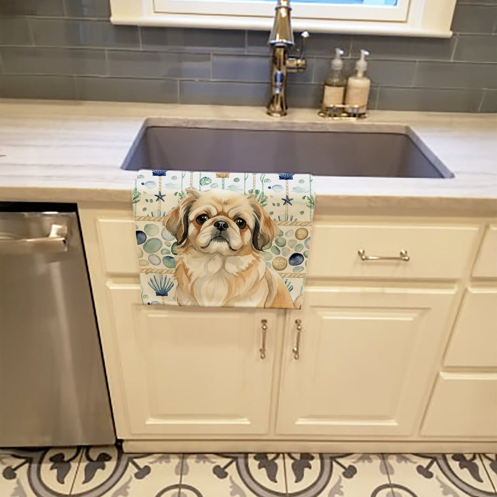 Fawn Pekingese Coastal Sea Glass Kitchen Towel Velour Plush Front and Cotton Loop Back Machine Washable