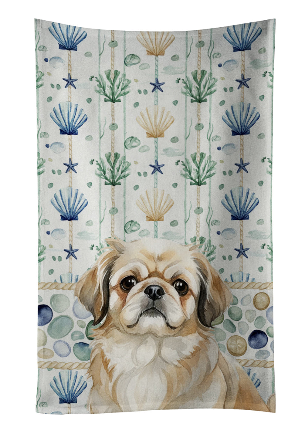 Fawn Pekingese Coastal Sea Glass Kitchen Towel Velour Plush Front and Cotton Loop Back Machine Washable