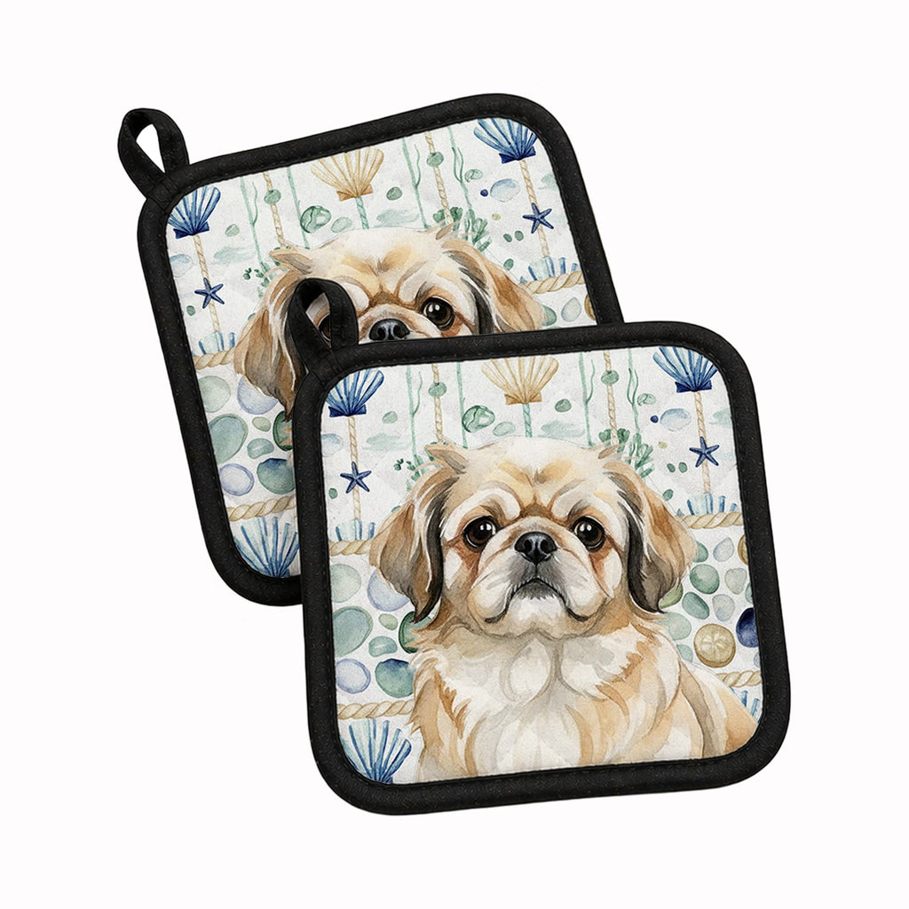 Fawn Pekingese Coastal Sea Glass Pot Holder Set of 2 Heat Resistant Quilted Hot Pads 7.5 x 7.5 Inch, Insulated Kitchen Trivets for Cooking & Baking