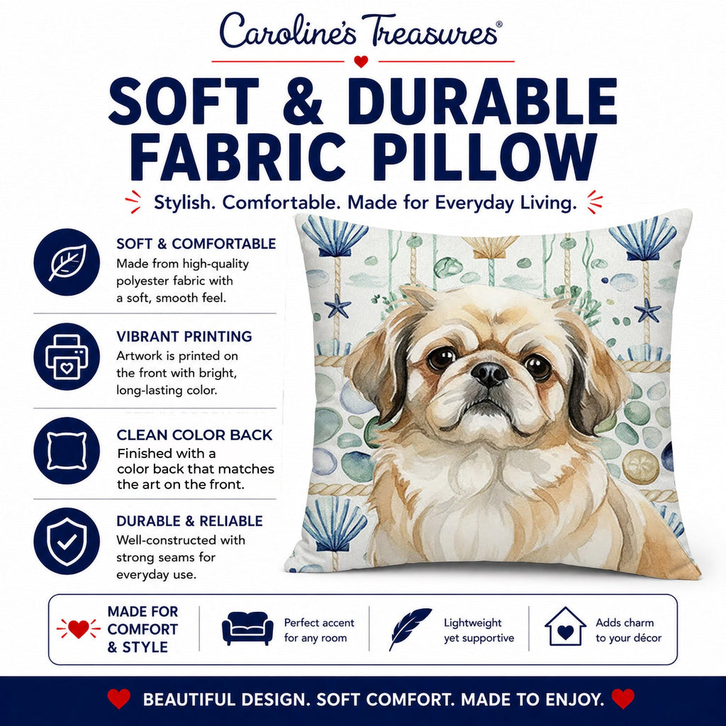 Fawn Pekingese Coastal Sea Glass Decorative Throw Pillow 14x14 Indoor Outdoor Accent Cushion, Fabric Cover with Insert for Sofa, Bed, Porch & Living Room