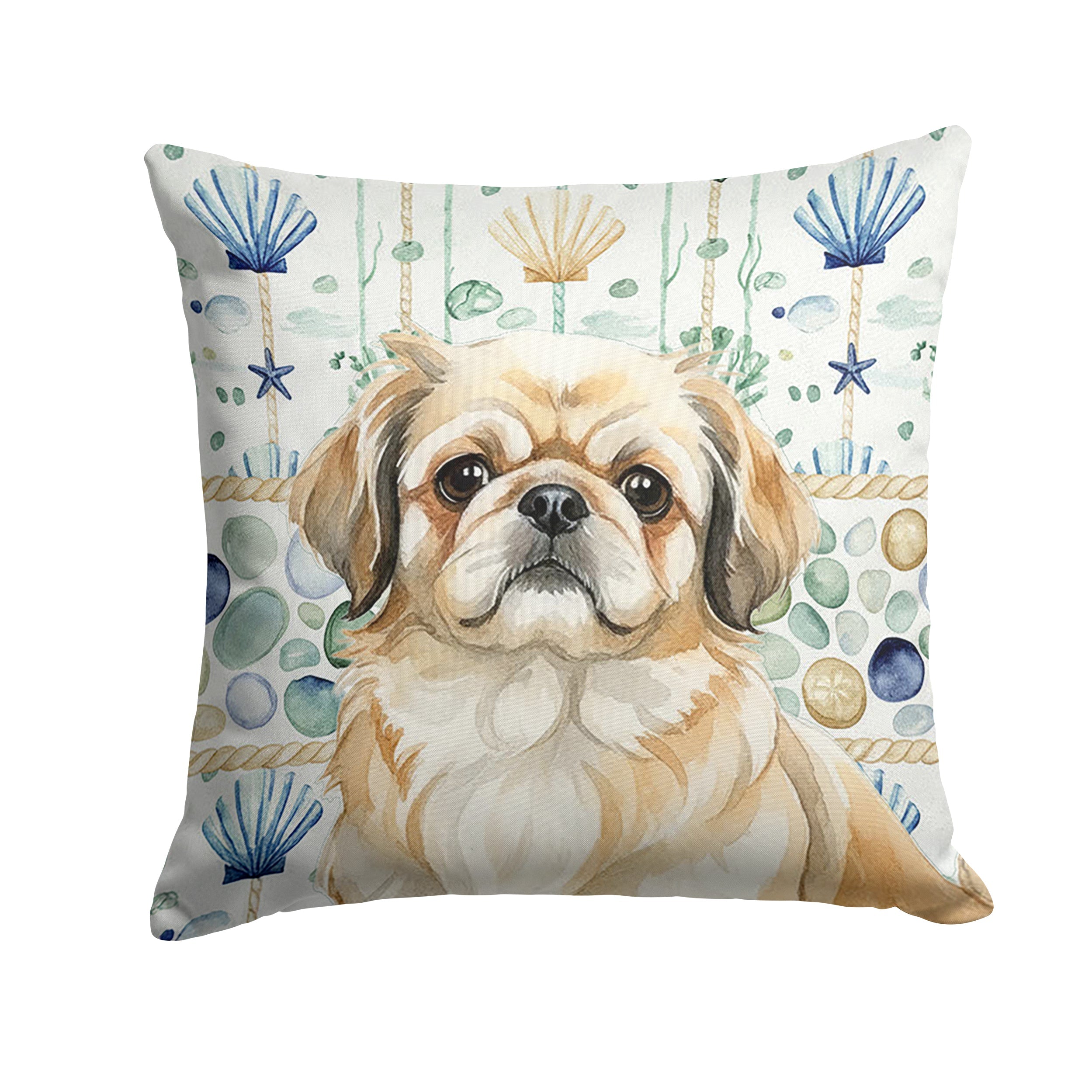 Fawn Pekingese Coastal Sea Glass Decorative Throw Pillow 14x14 Indoor Outdoor Accent Cushion, Fabric Cover with Insert for Sofa, Bed, Porch & Living Room