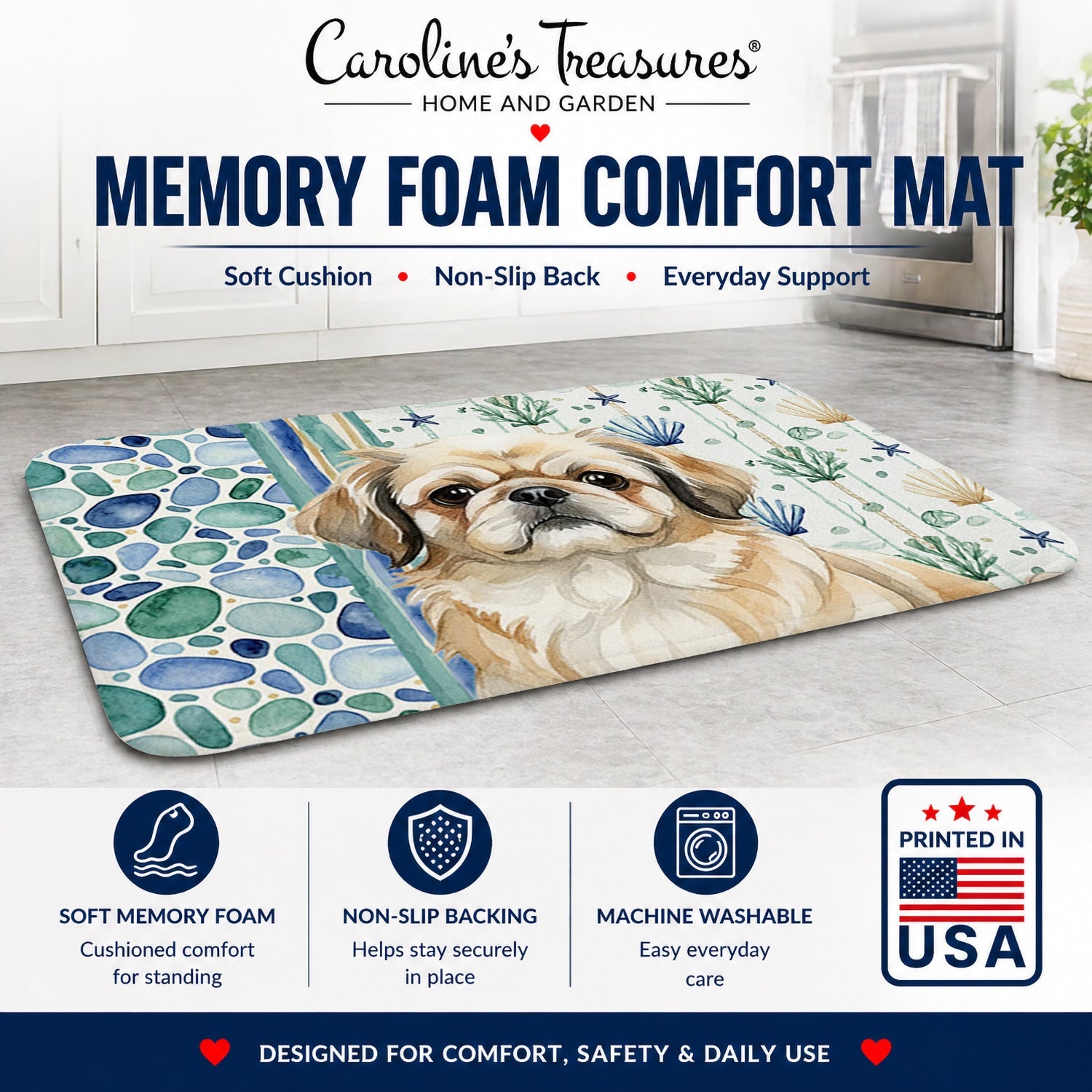 Fawn Pekingese Coastal Sea Glass Memory Foam Kitchen Mat Machine Washable Anti-Fatigue Cushion Comfort Bath or Kitchen Rug