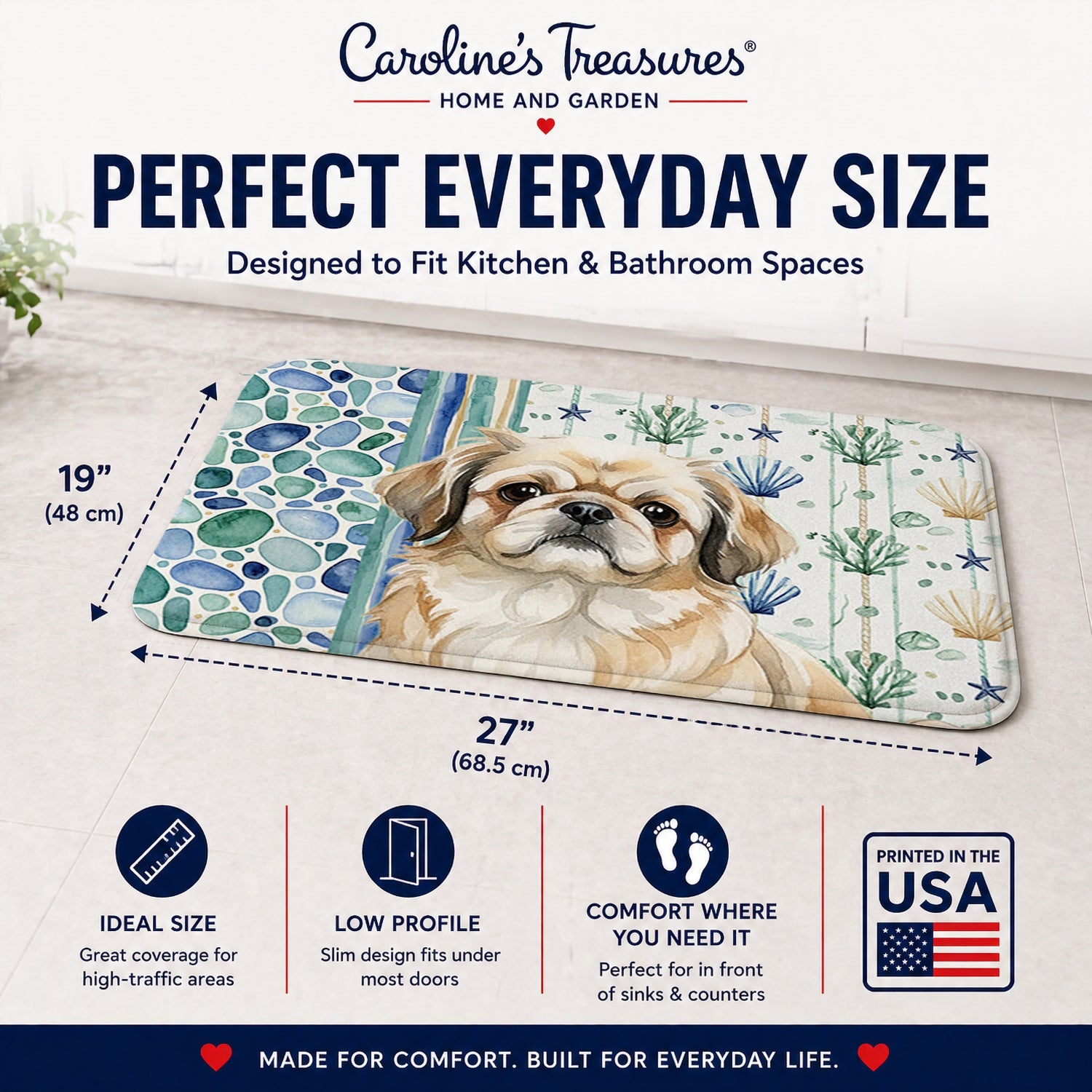 Fawn Pekingese Coastal Sea Glass Memory Foam Kitchen Mat Machine Washable Anti-Fatigue Cushion Comfort Bath or Kitchen Rug
