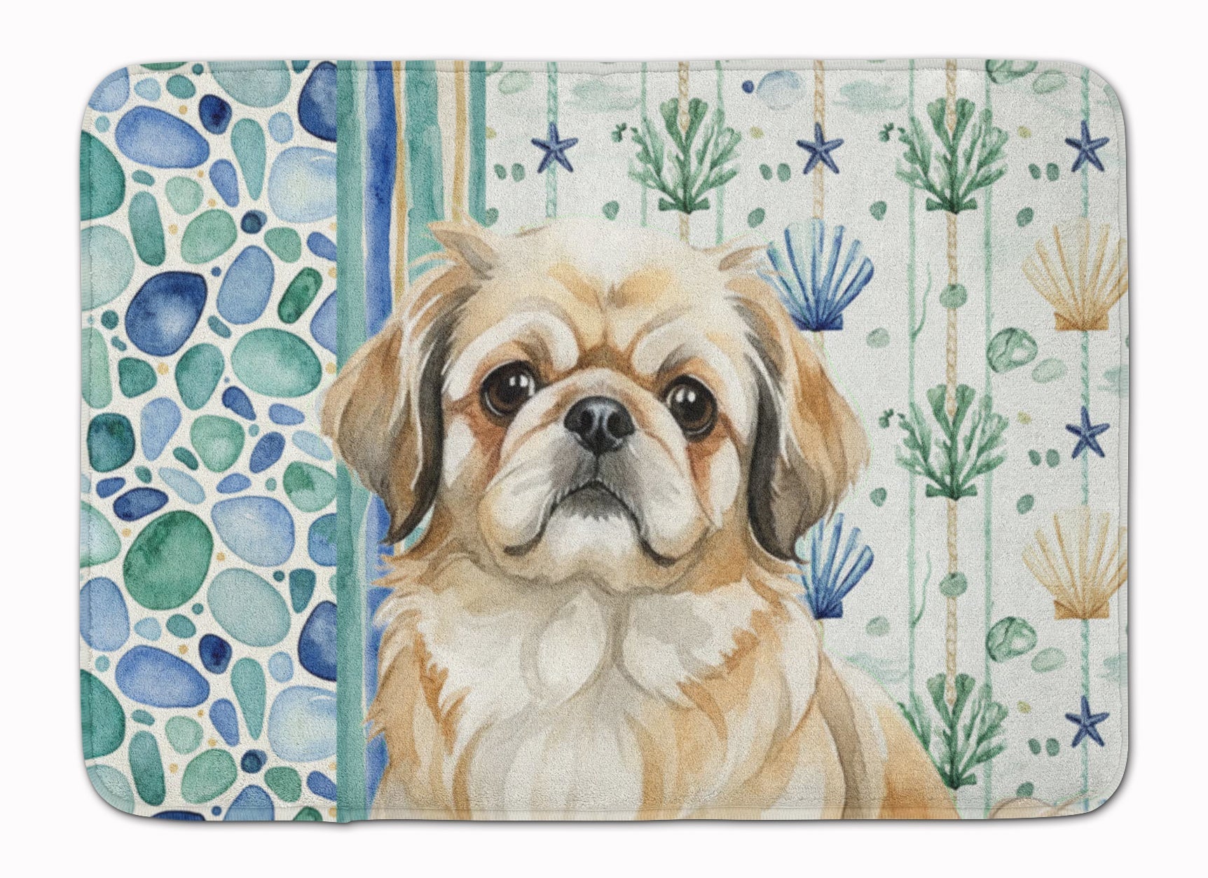 Fawn Pekingese Coastal Sea Glass Memory Foam Kitchen Mat Machine Washable Anti-Fatigue Cushion Comfort Bath or Kitchen Rug