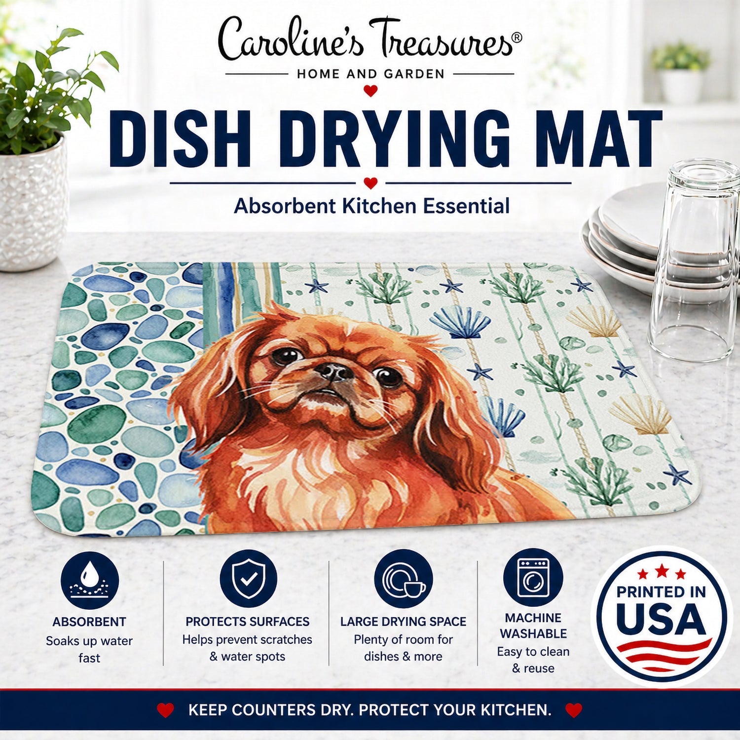 Red Pekingese Coastal Sea Glass Dish Drying Mat Absorbent Dish Drying Mat Pad for Kitchen Counter Dish Drainer Mat for Countertop, 14 x 21", Multicolor