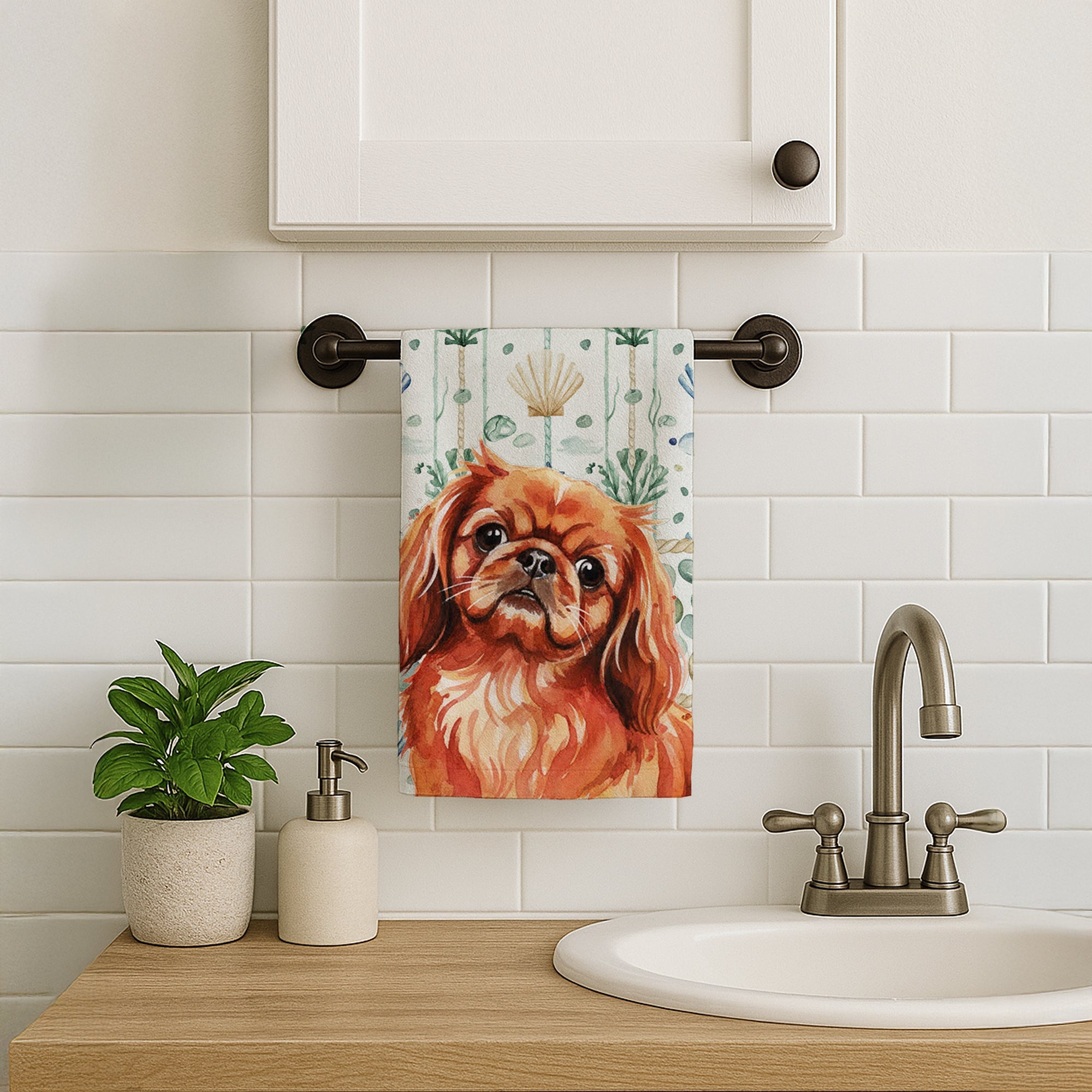 Red Pekingese Coastal Sea Glass Kitchen Towel Velour Plush Front and Cotton Loop Back Machine Washable