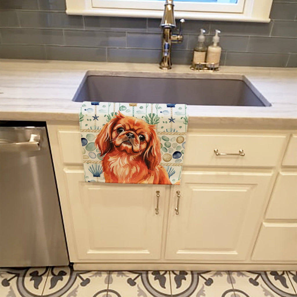 Red Pekingese Coastal Sea Glass Kitchen Towel Velour Plush Front and Cotton Loop Back Machine Washable