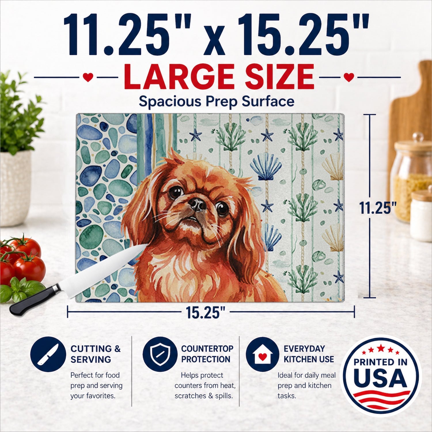 Red Pekingese Coastal Sea Glass Cutting Board Tempered Glass Kitchen Cutting Surface, Heat Resistant Chopping, Non-Slip Feet, Food Prep & Serving