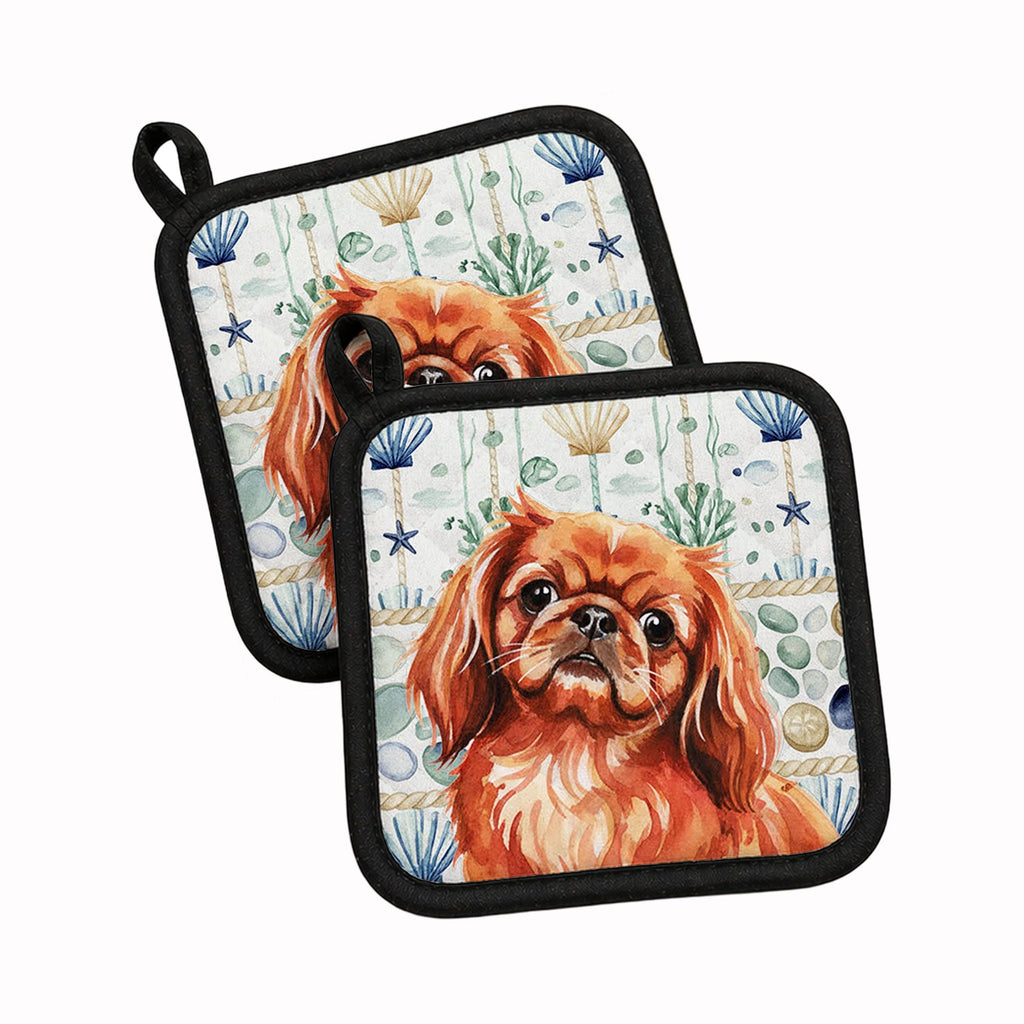 Red Pekingese Coastal Sea Glass Pot Holder Set of 2 Heat Resistant Quilted Hot Pads 7.5 x 7.5 Inch, Insulated Kitchen Trivets for Cooking & Baking