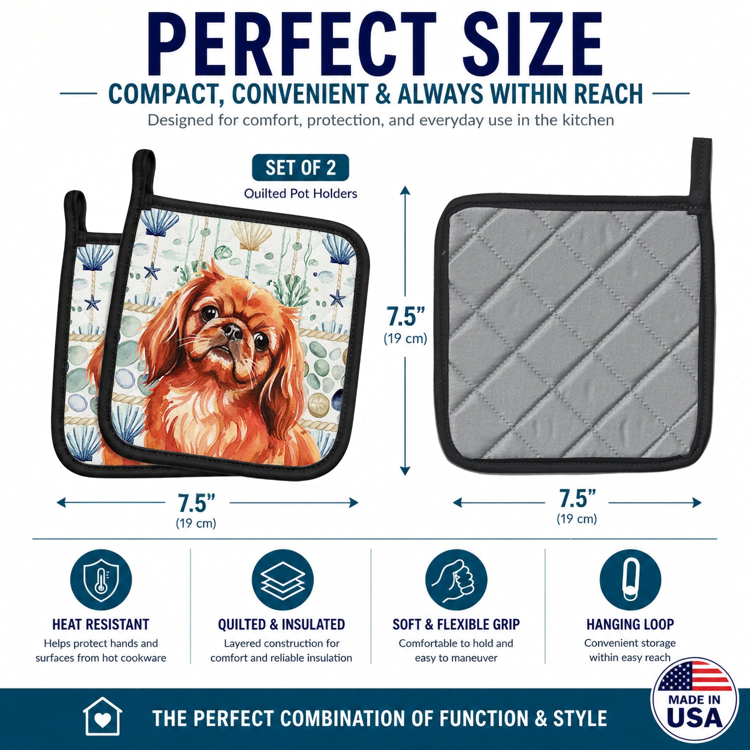 Red Pekingese Coastal Sea Glass Pot Holder Set of 2 Heat Resistant Quilted Hot Pads 7.5 x 7.5 Inch, Insulated Kitchen Trivets for Cooking & Baking