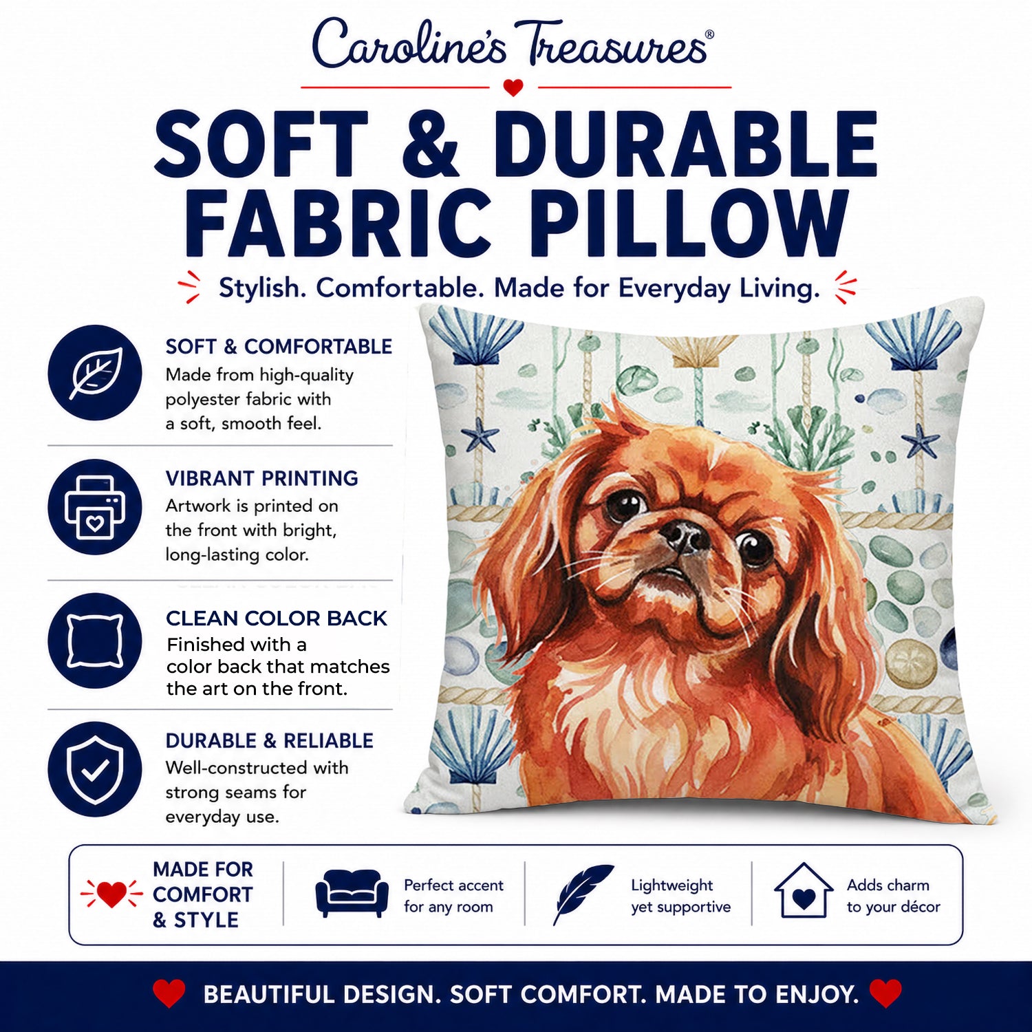 Red Pekingese Coastal Sea Glass Decorative Throw Pillow 18x18 Indoor Outdoor Accent Cushion, Fabric Cover with Insert for Sofa, Bed, Porch & Living Room