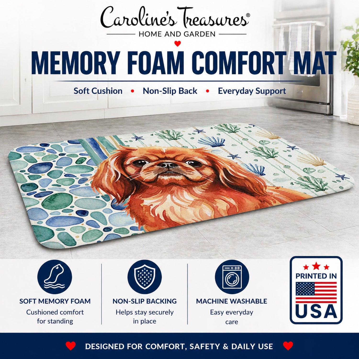 Red Pekingese Coastal Sea Glass Memory Foam Kitchen Mat Machine Washable Anti-Fatigue Cushion Comfort Bath or Kitchen Rug
