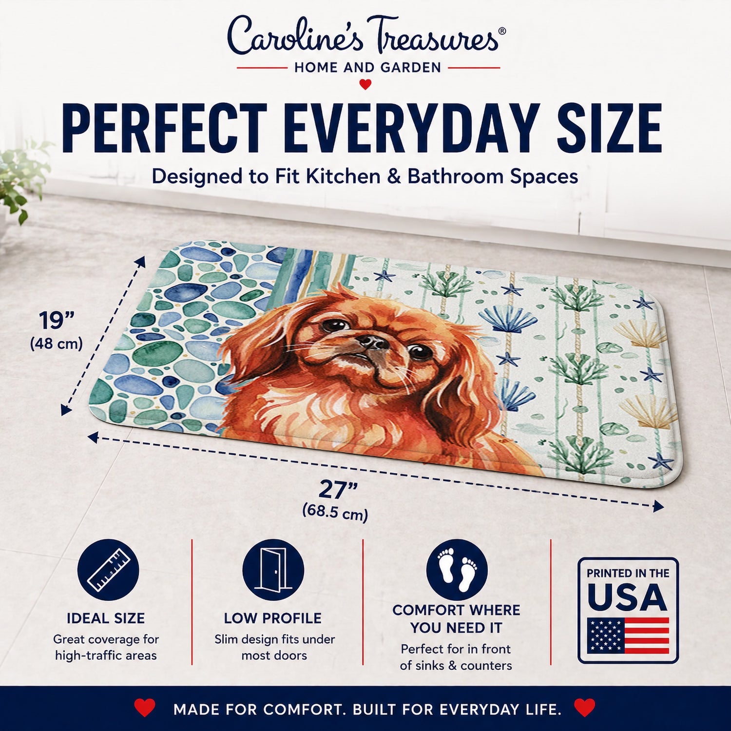 Red Pekingese Coastal Sea Glass Memory Foam Kitchen Mat Machine Washable Anti-Fatigue Cushion Comfort Bath or Kitchen Rug