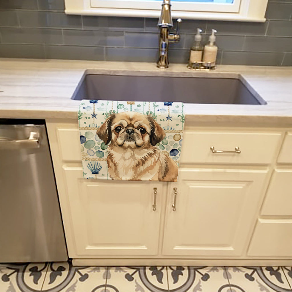 Sable Pekingese Coastal Sea Glass Kitchen Towel Velour Plush Front and Cotton Loop Back Machine Washable