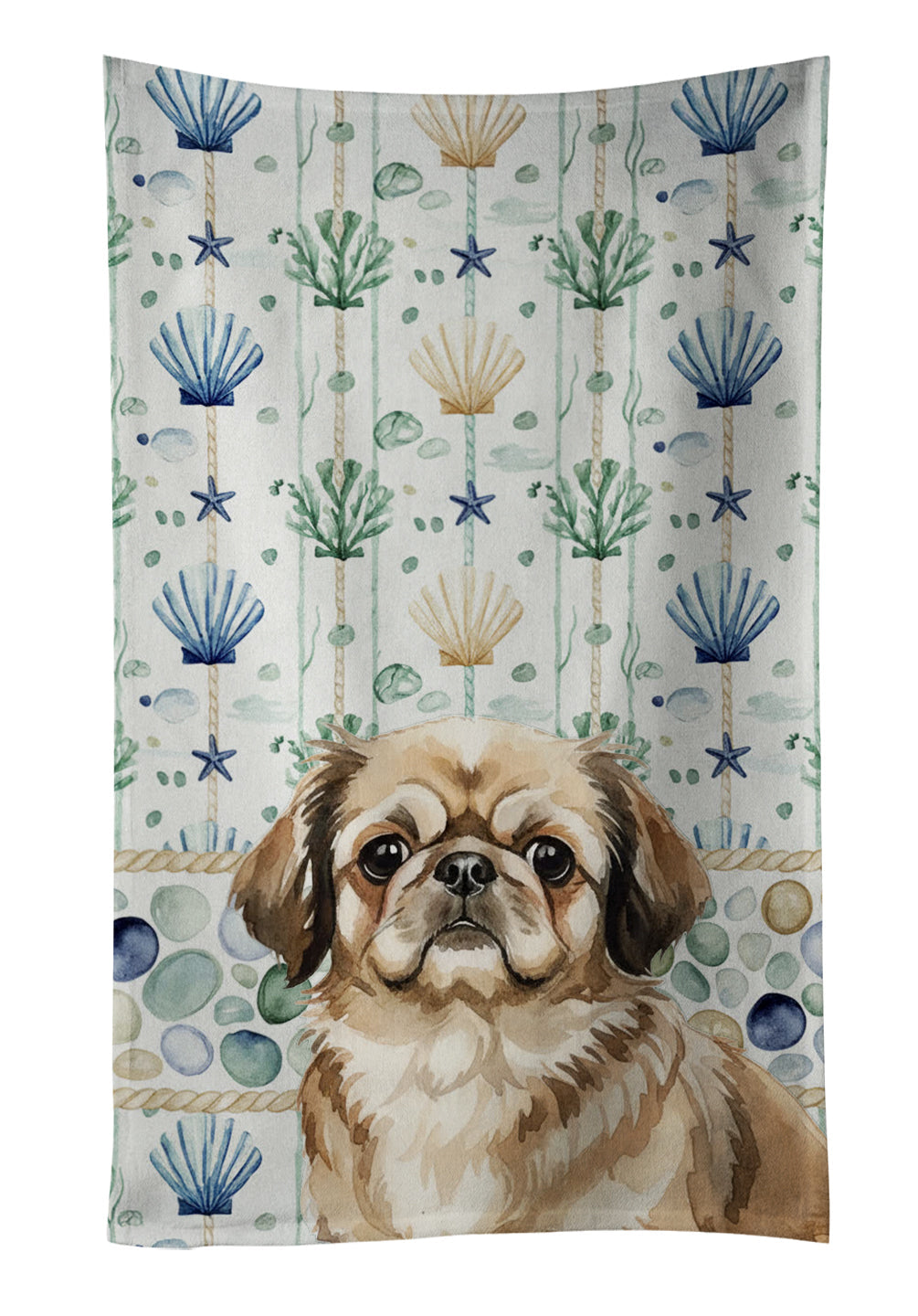 Sable Pekingese Coastal Sea Glass Kitchen Towel Velour Plush Front and Cotton Loop Back Machine Washable