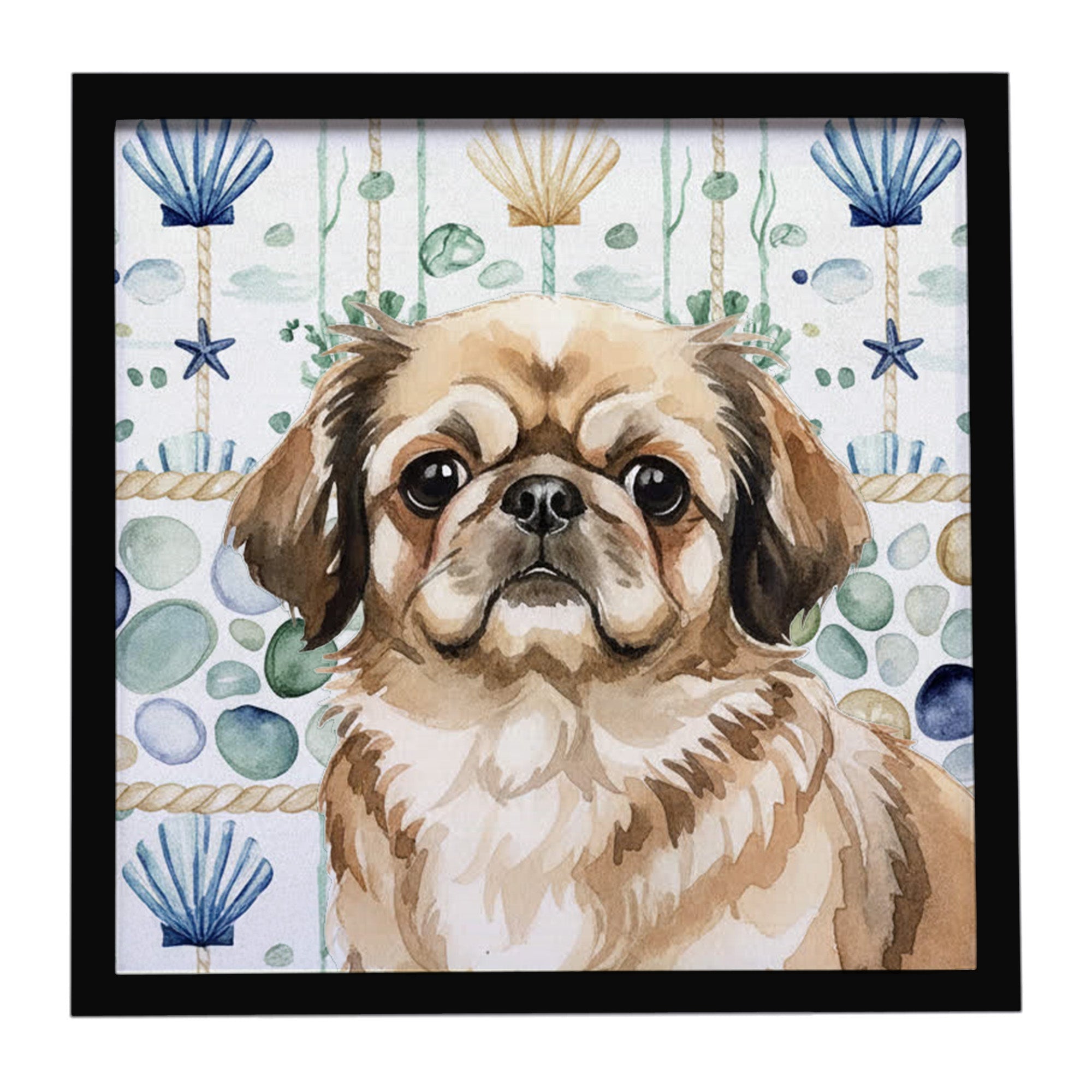 Sable Pekingese Coastal Sea Glass Framed Metal Print Bathroom, Kitchen, Office, Home Decor Wall Art Ready to Hang, Square, 8X8