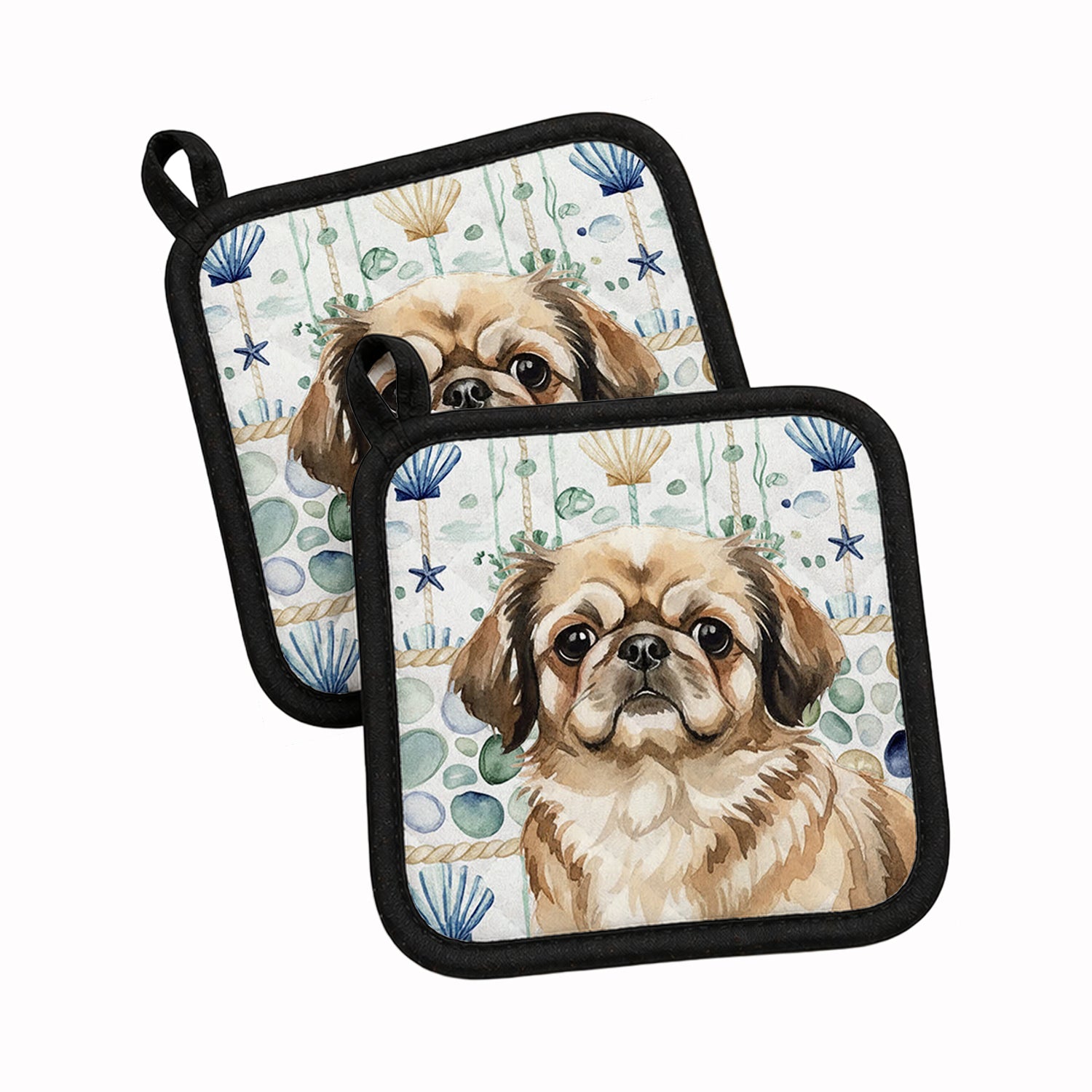Sable Pekingese Coastal Sea Glass Pot Holder Set of 2 Heat Resistant Quilted Hot Pads 7.5 x 7.5 Inch, Insulated Kitchen Trivets for Cooking & Baking
