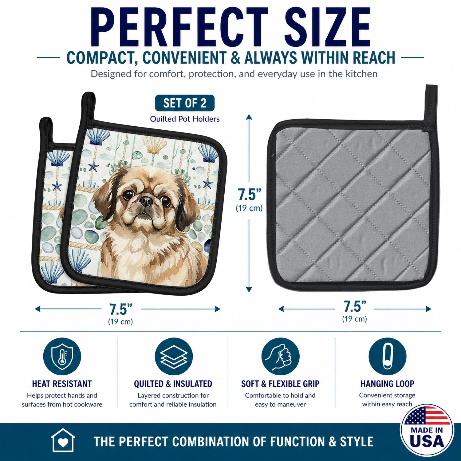 Sable Pekingese Coastal Sea Glass Pot Holder Set of 2 Heat Resistant Quilted Hot Pads 7.5 x 7.5 Inch, Insulated Kitchen Trivets for Cooking & Baking