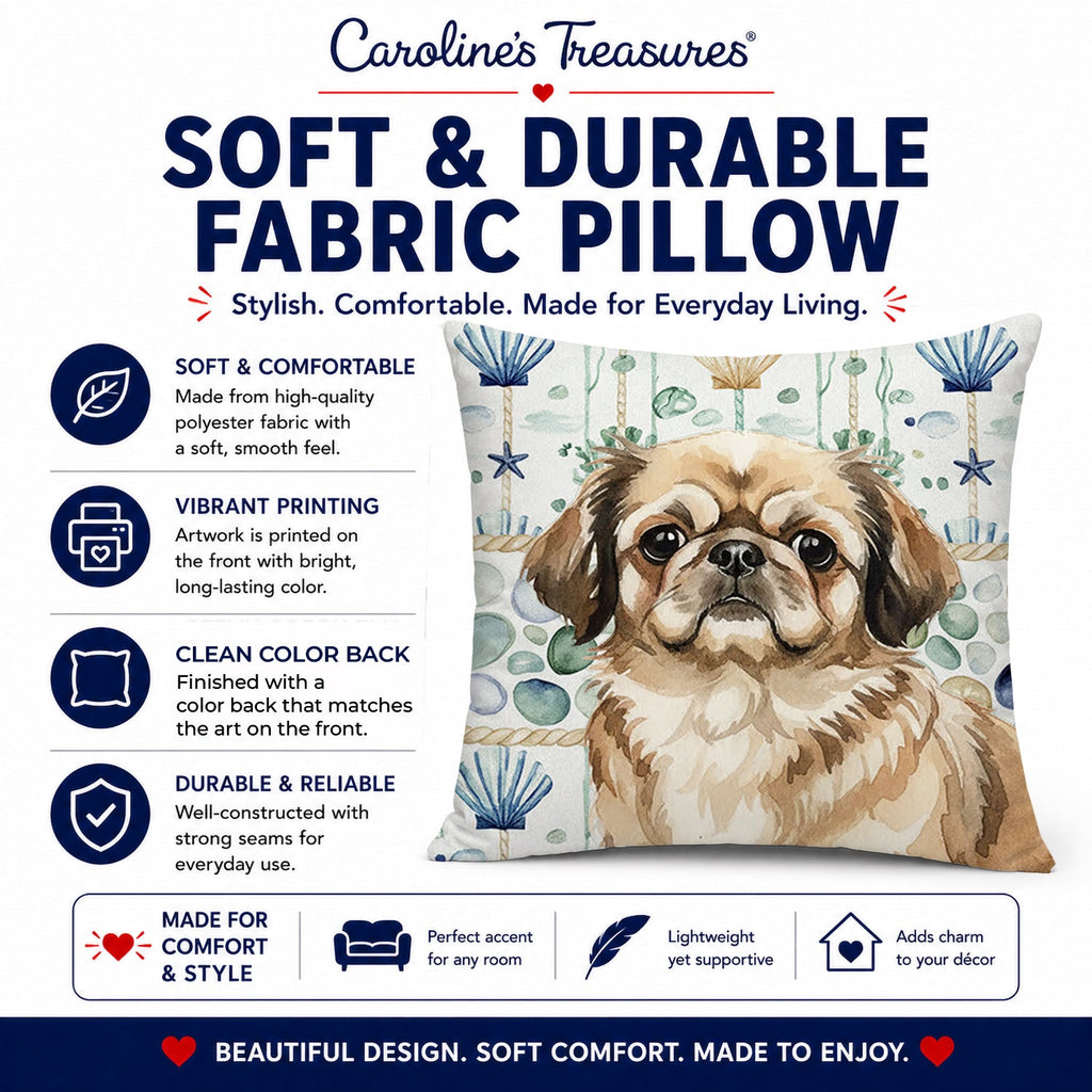 Sable Pekingese Coastal Sea Glass Decorative Throw Pillow 14x14 Indoor Outdoor Accent Cushion, Fabric Cover with Insert for Sofa, Bed, Porch & Living Room