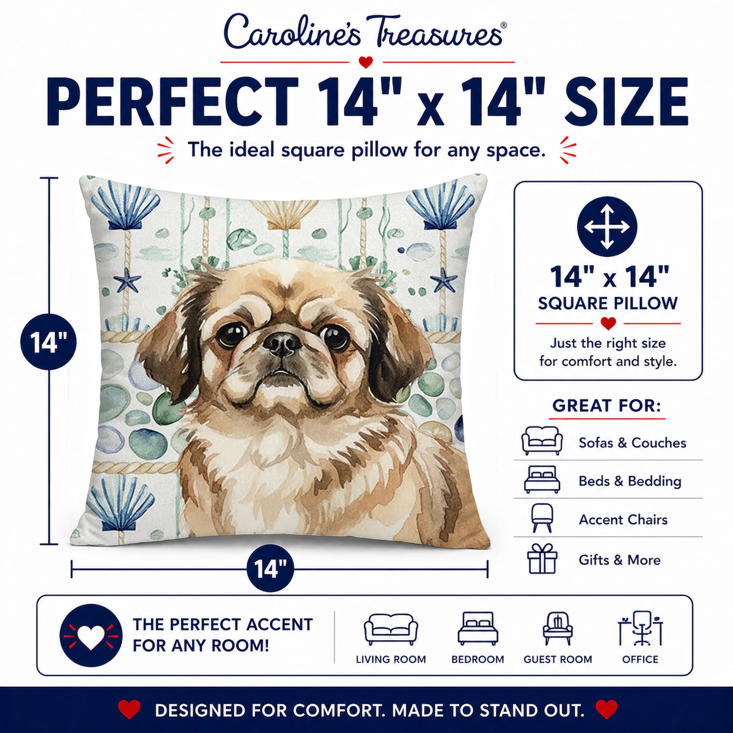 Sable Pekingese Coastal Sea Glass Decorative Throw Pillow 14x14 Indoor Outdoor Accent Cushion, Fabric Cover with Insert for Sofa, Bed, Porch & Living Room