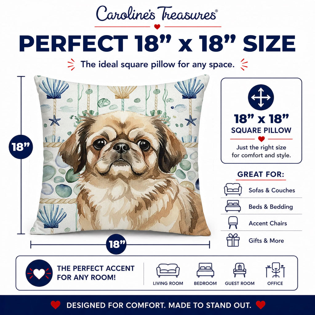 Sable Pekingese Coastal Sea Glass Decorative Throw Pillow 18x18 Indoor Outdoor Accent Cushion, Fabric Cover with Insert for Sofa, Bed, Porch & Living Room