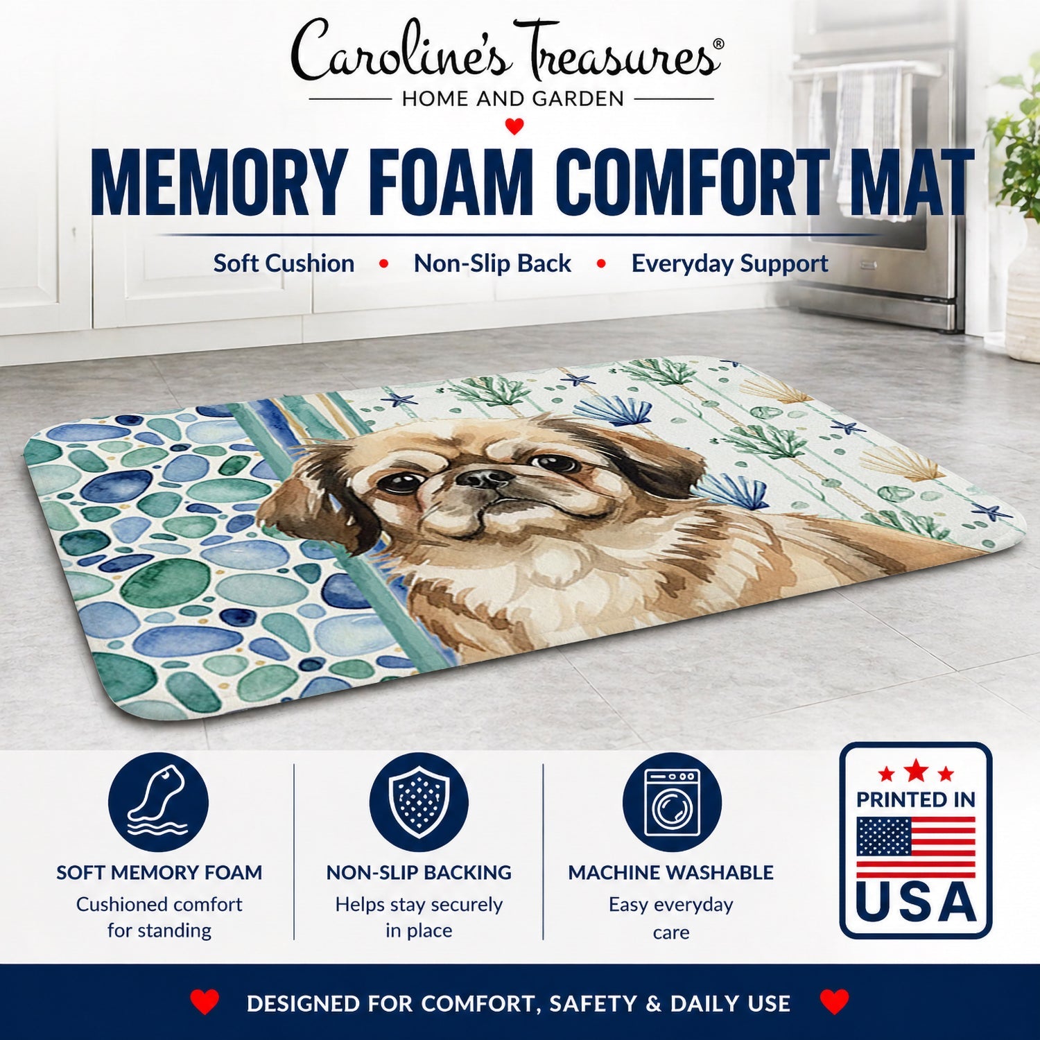 Sable Pekingese Coastal Sea Glass Memory Foam Kitchen Mat Machine Washable Anti-Fatigue Cushion Comfort Bath or Kitchen Rug