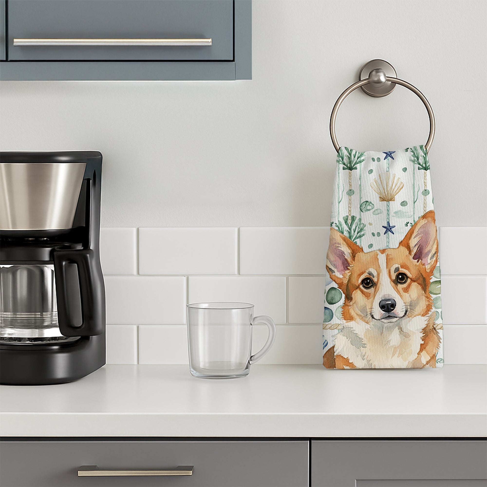 Corgi Coastal Sea Glass Kitchen Towel Velour Plush Front and Cotton Loop Back Machine Washable