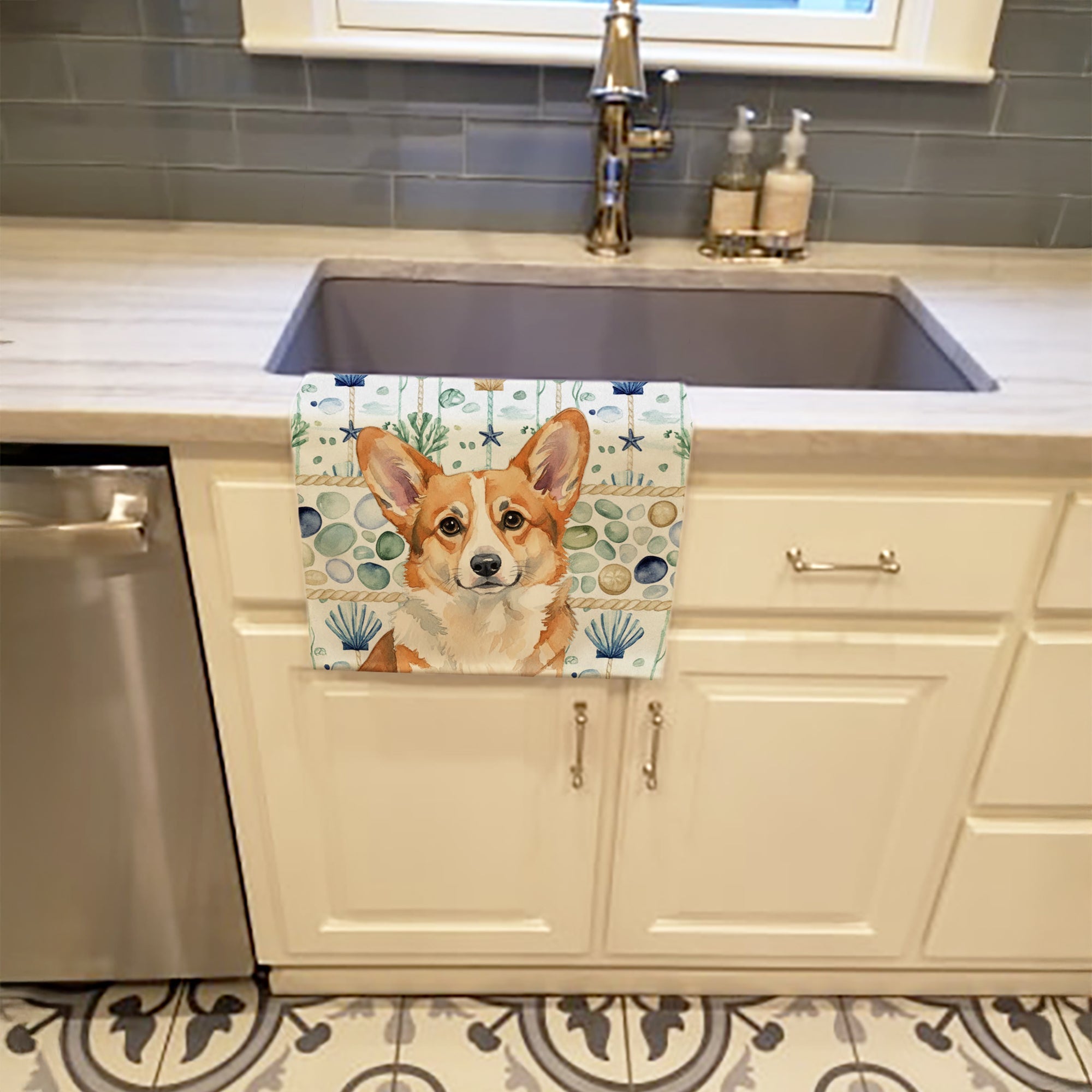 Corgi Coastal Sea Glass Kitchen Towel Velour Plush Front and Cotton Loop Back Machine Washable