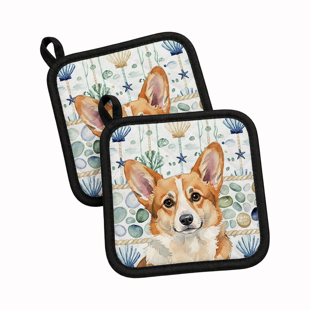 Corgi Coastal Sea Glass Pot Holder Set of 2 Heat Resistant Quilted Hot Pads 7.5 x 7.5 Inch, Insulated Kitchen Trivets for Cooking & Baking