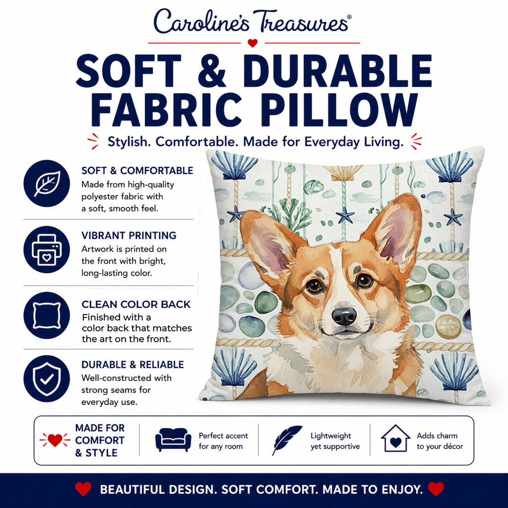 Corgi Coastal Sea Glass Decorative Throw Pillow 14x14 Indoor Outdoor Accent Cushion, Fabric Cover with Insert for Sofa, Bed, Porch & Living Room