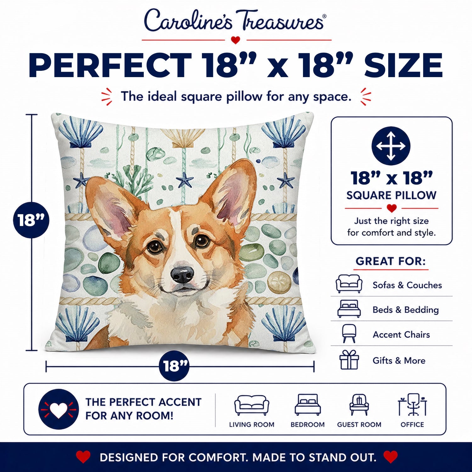 Corgi Coastal Sea Glass Decorative Throw Pillow 18x18 Indoor Outdoor Accent Cushion, Fabric Cover with Insert for Sofa, Bed, Porch & Living Room