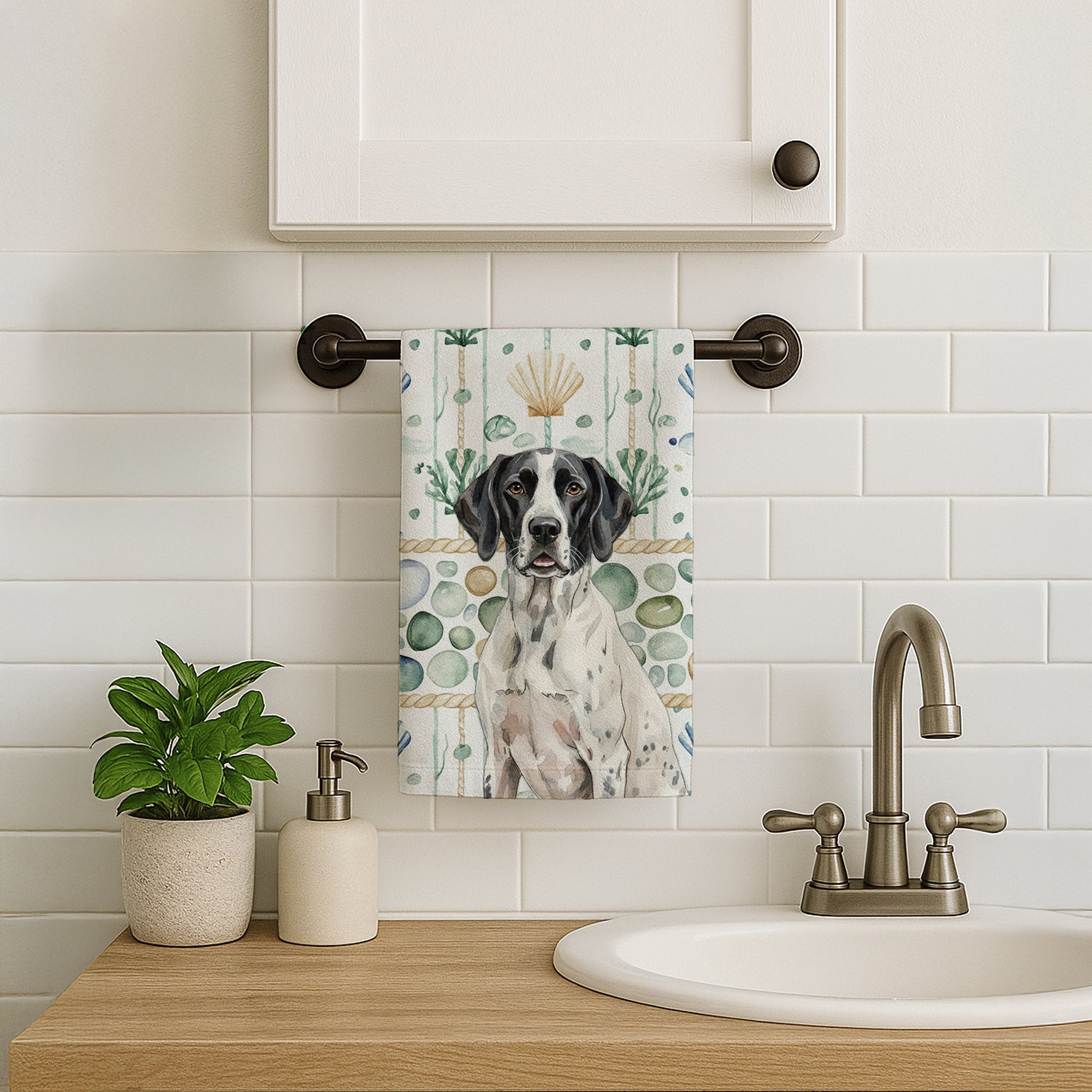Black and White Pointer Coastal Sea Glass Kitchen Towel Velour Plush Front and Cotton Loop Back Machine Washable