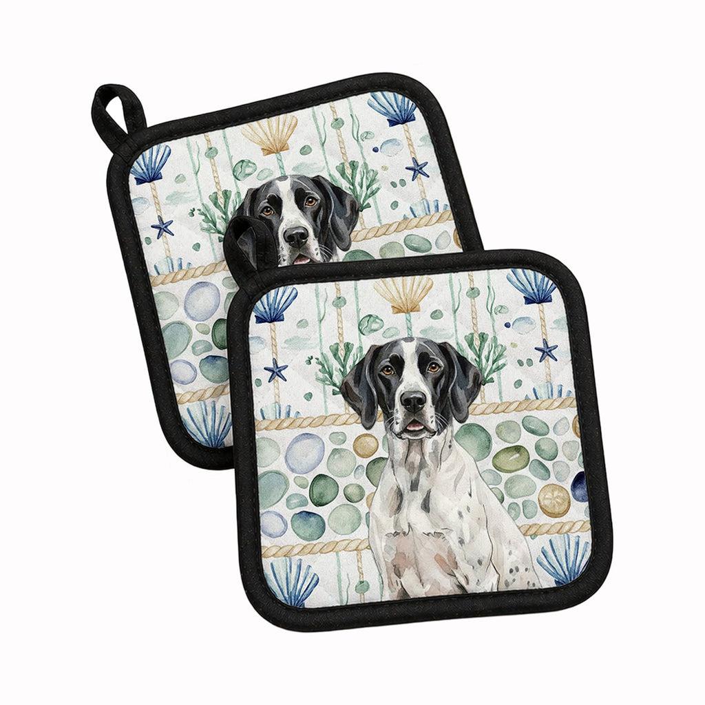 Black and White Pointer Coastal Sea Glass Pot Holder Set of 2 Heat Resistant Quilted Hot Pads 7.5 x 7.5 Inch, Insulated Kitchen Trivets for Cooking & Baking