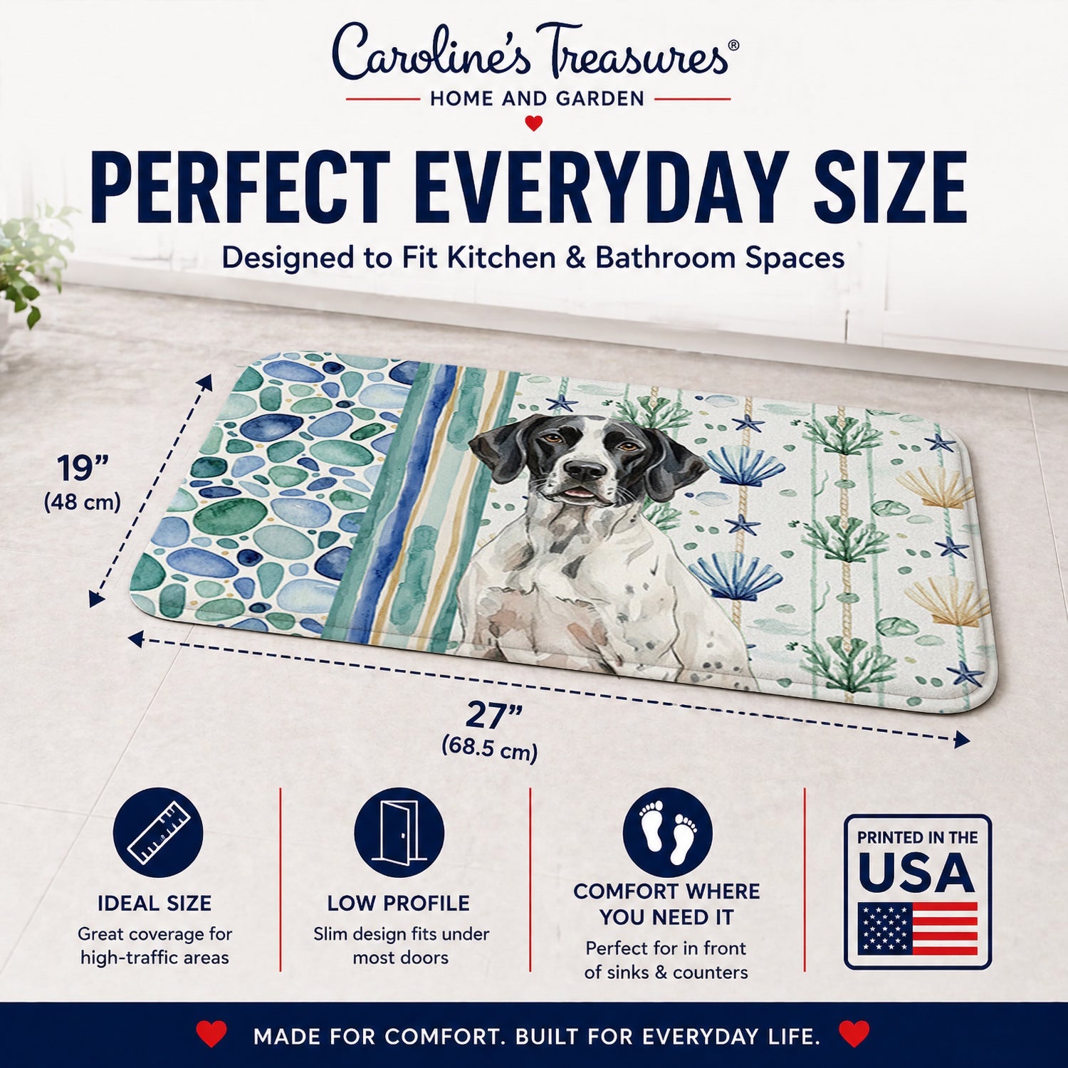 Black and White Pointer Coastal Sea Glass Memory Foam Kitchen Mat Machine Washable Anti-Fatigue Cushion Comfort Bath or Kitchen Rug