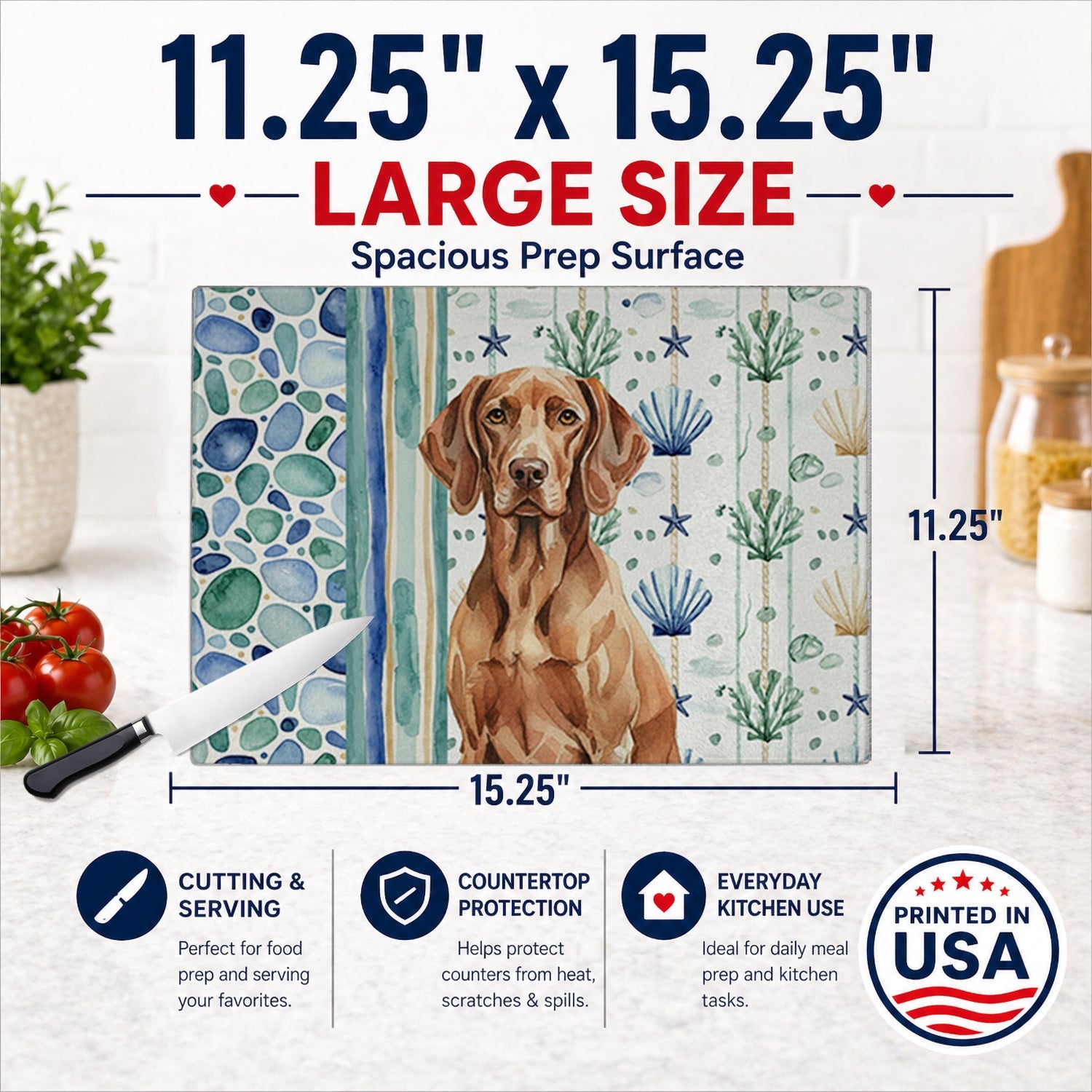 Liver Pointer Coastal Sea Glass Cutting Board Tempered Glass Kitchen Cutting Surface, Heat Resistant Chopping, Non-Slip Feet, Food Prep & Serving