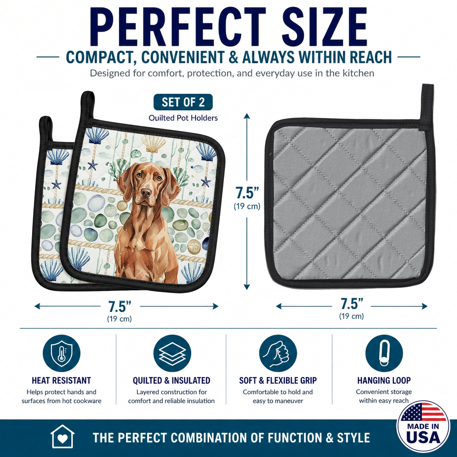 Liver Pointer Coastal Sea Glass Pot Holder Set of 2 Heat Resistant Quilted Hot Pads 7.5 x 7.5 Inch, Insulated Kitchen Trivets for Cooking & Baking