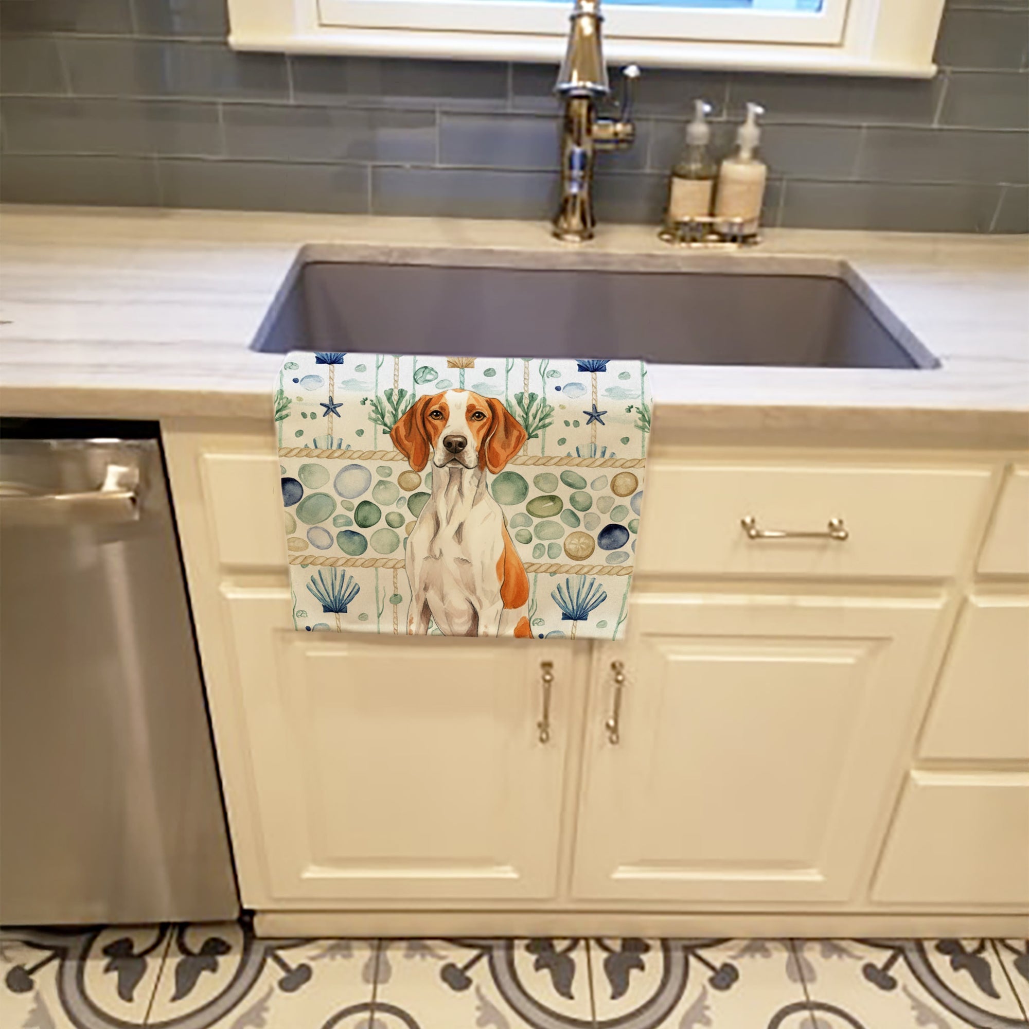 Orange and White Pointer Coastal Sea Glass Kitchen Towel Velour Plush Front and Cotton Loop Back Machine Washable