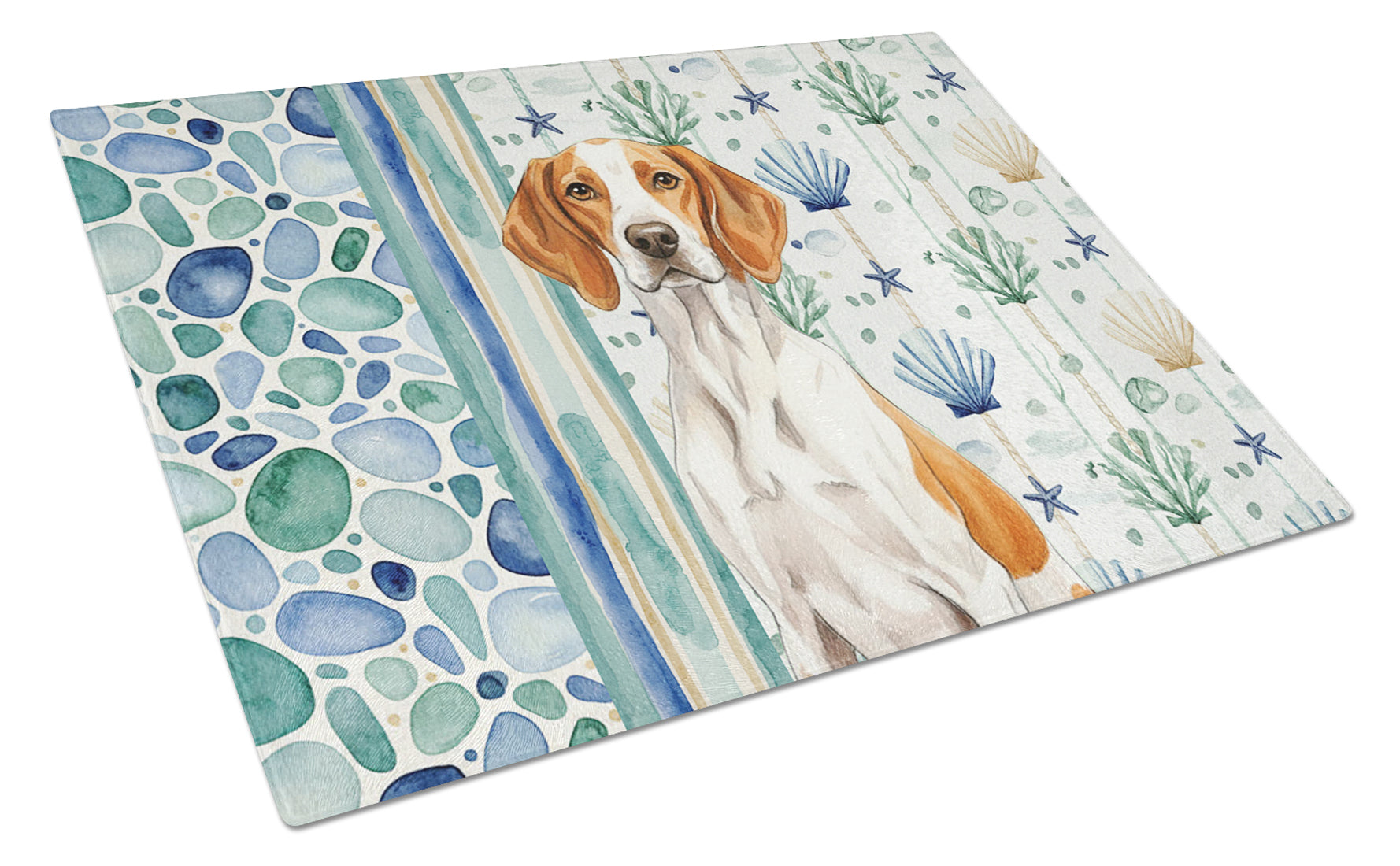 Orange and White Pointer Coastal Sea Glass Cutting Board Tempered Glass Kitchen Cutting Surface, Heat Resistant Chopping, Non-Slip Feet, Food Prep & Serving