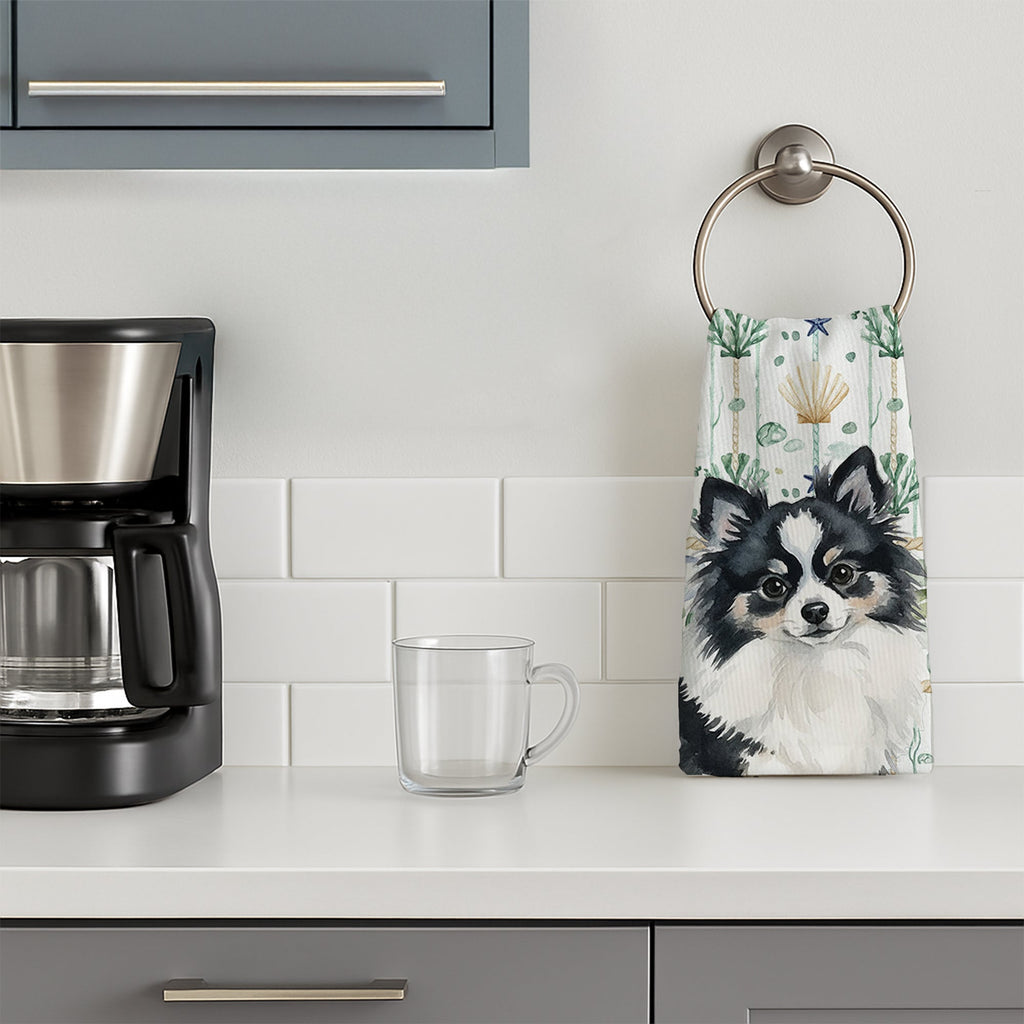 Black and White Pomeranian Coastal Sea Glass Kitchen Towel Velour Plush Front and Cotton Loop Back Machine Washable