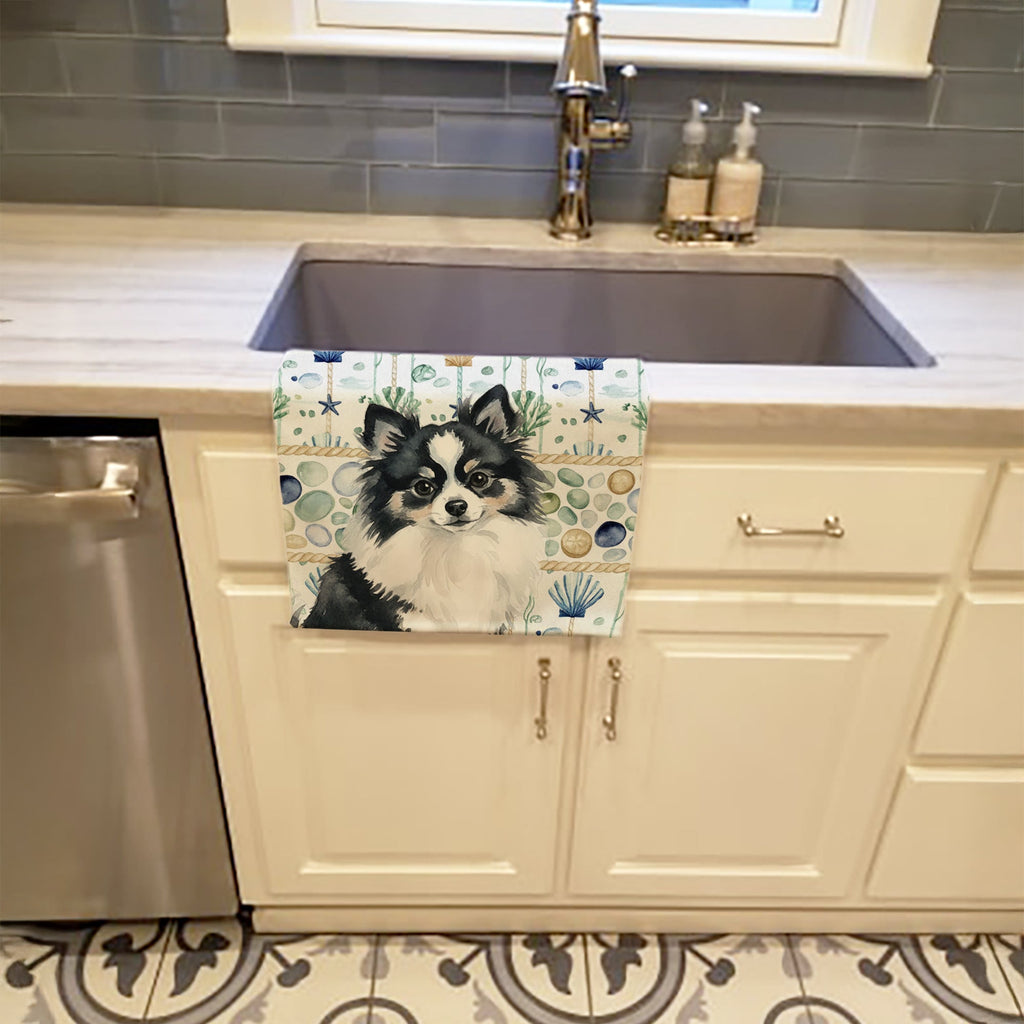 Black and White Pomeranian Coastal Sea Glass Kitchen Towel Velour Plush Front and Cotton Loop Back Machine Washable