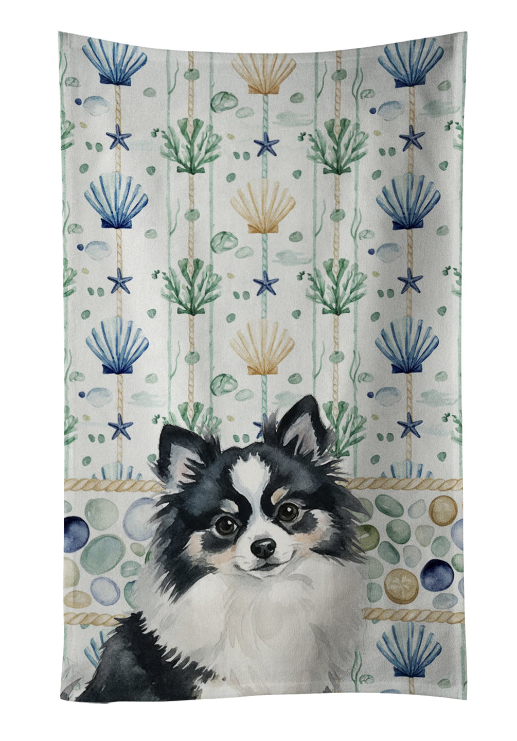 Black and White Pomeranian Coastal Sea Glass Kitchen Towel Velour Plush Front and Cotton Loop Back Machine Washable