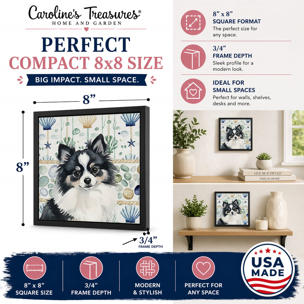 Black and White Pomeranian Coastal Sea Glass Framed Metal Print Bathroom, Kitchen, Office, Home Decor Wall Art Ready to Hang, Square, 8X8
