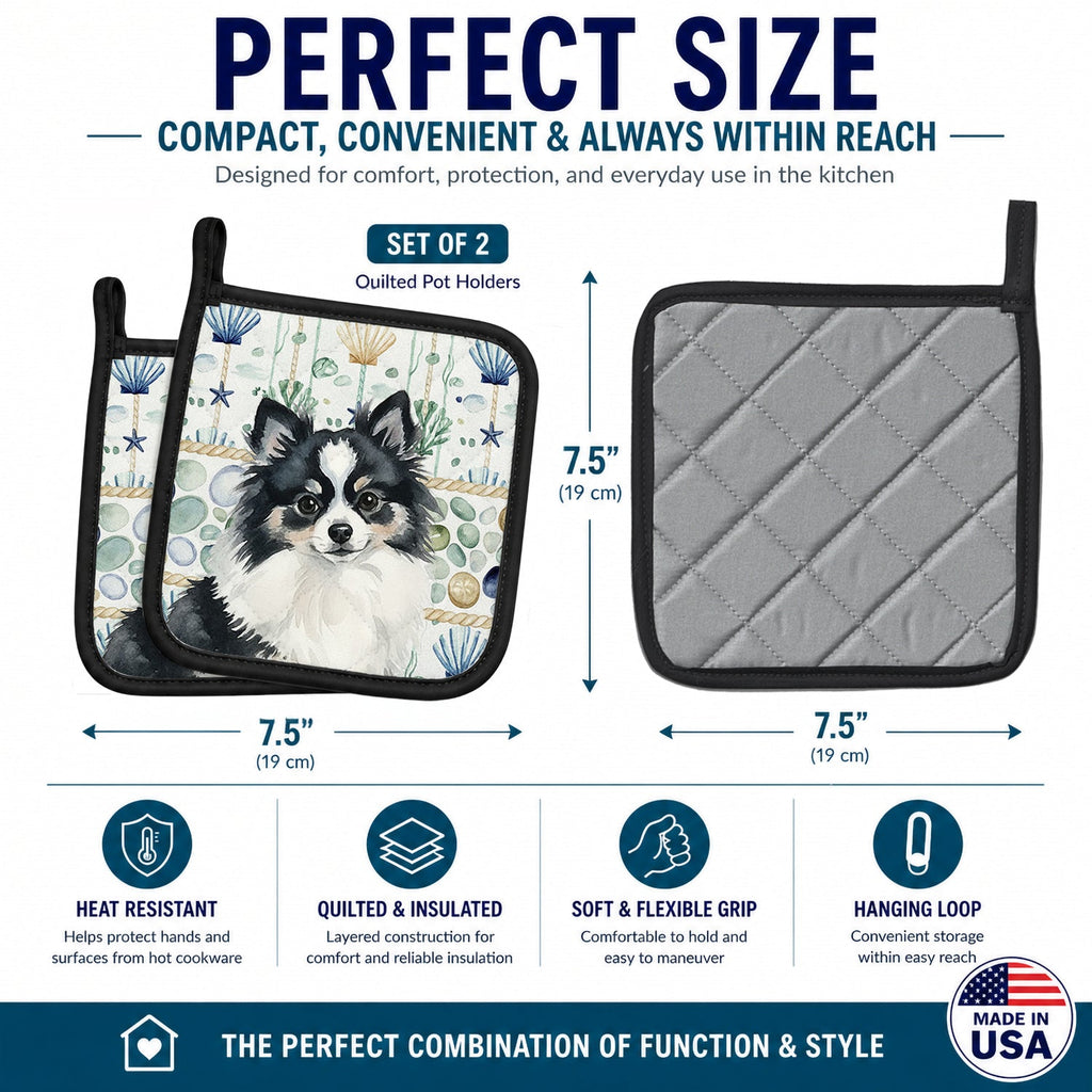 Black and White Pomeranian Coastal Sea Glass Pot Holder Set of 2 Heat Resistant Quilted Hot Pads 7.5 x 7.5 Inch, Insulated Kitchen Trivets for Cooking & Baking
