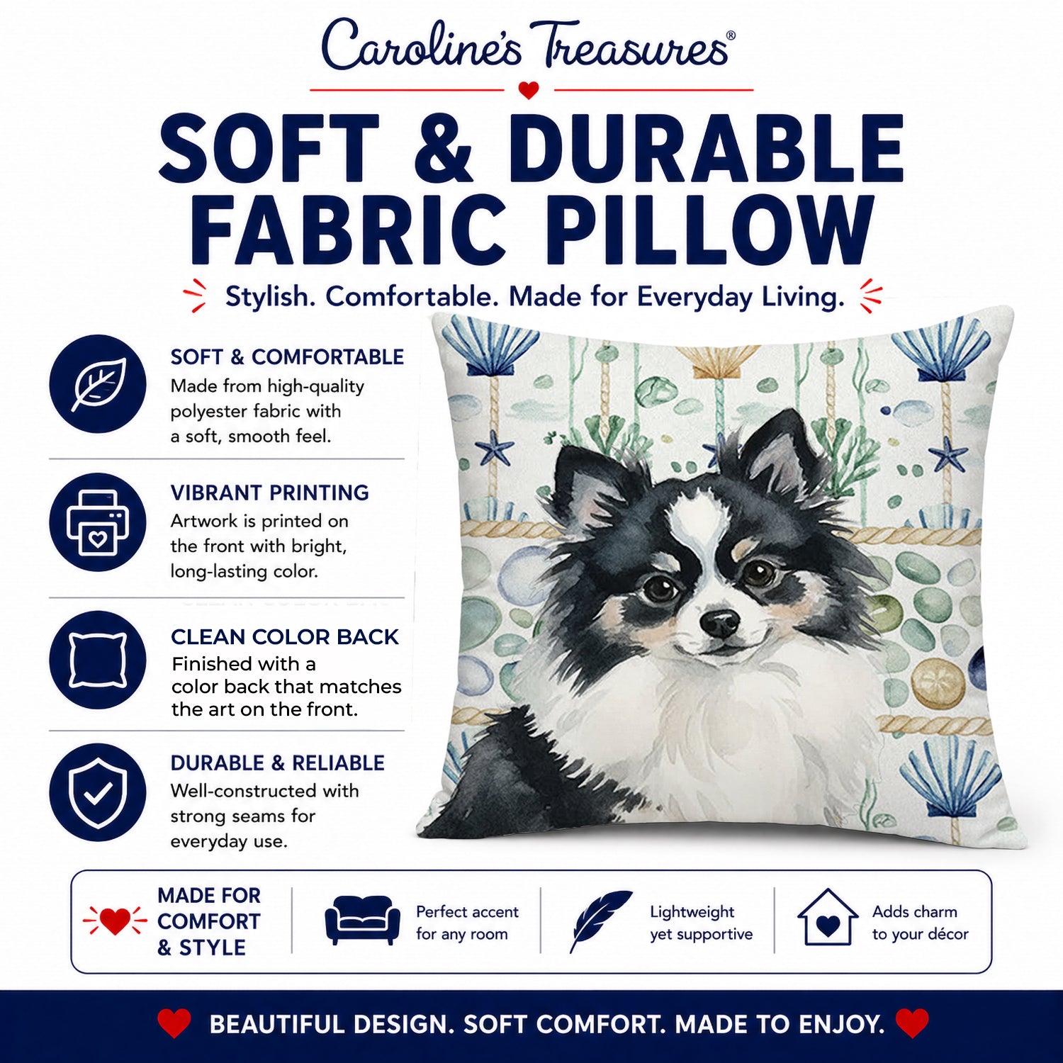 Black and White Pomeranian Coastal Sea Glass Decorative Throw Pillow 18x18 Indoor Outdoor Accent Cushion, Fabric Cover with Insert for Sofa, Bed, Porch & Living Room