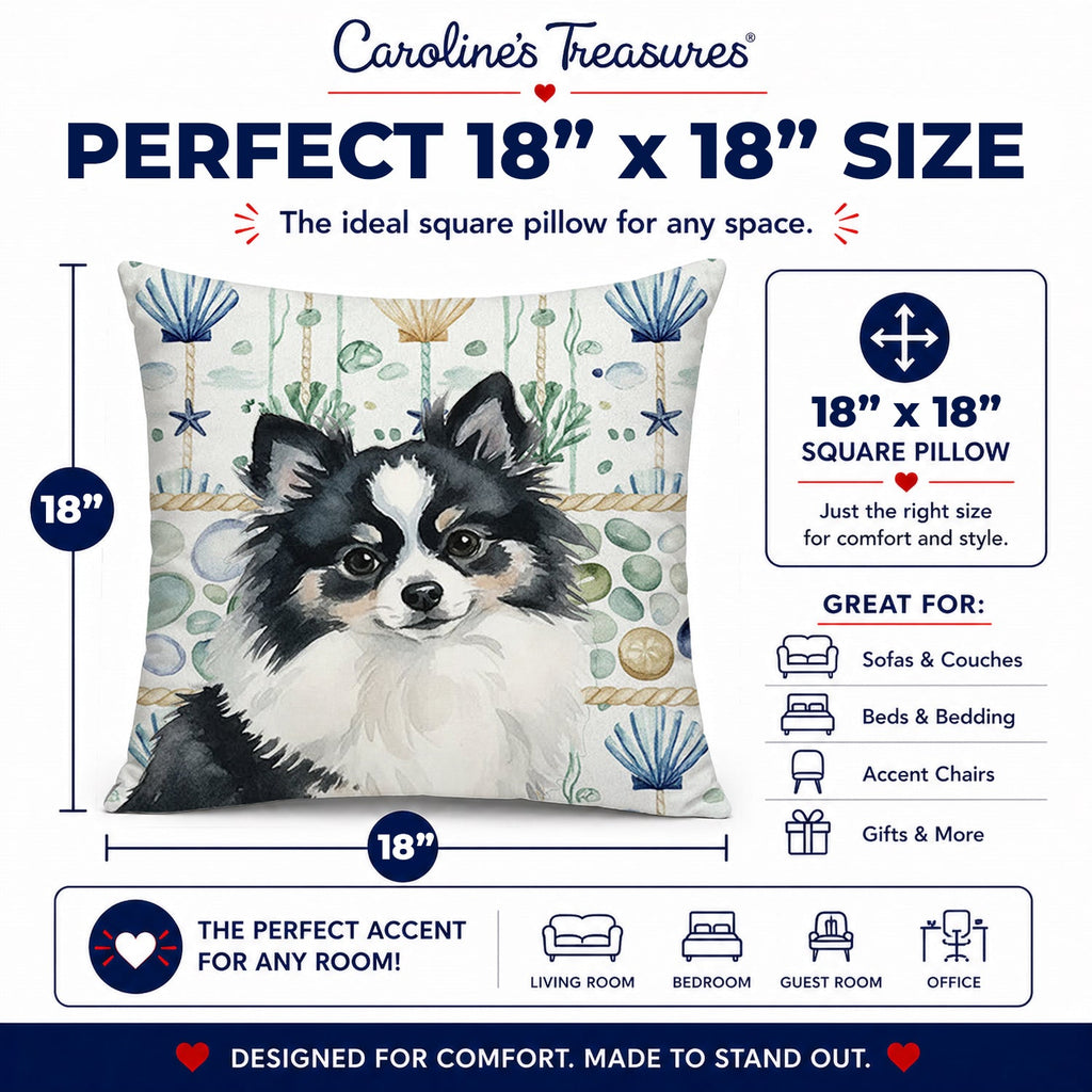Black and White Pomeranian Coastal Sea Glass Decorative Throw Pillow 18x18 Indoor Outdoor Accent Cushion, Fabric Cover with Insert for Sofa, Bed, Porch & Living Room