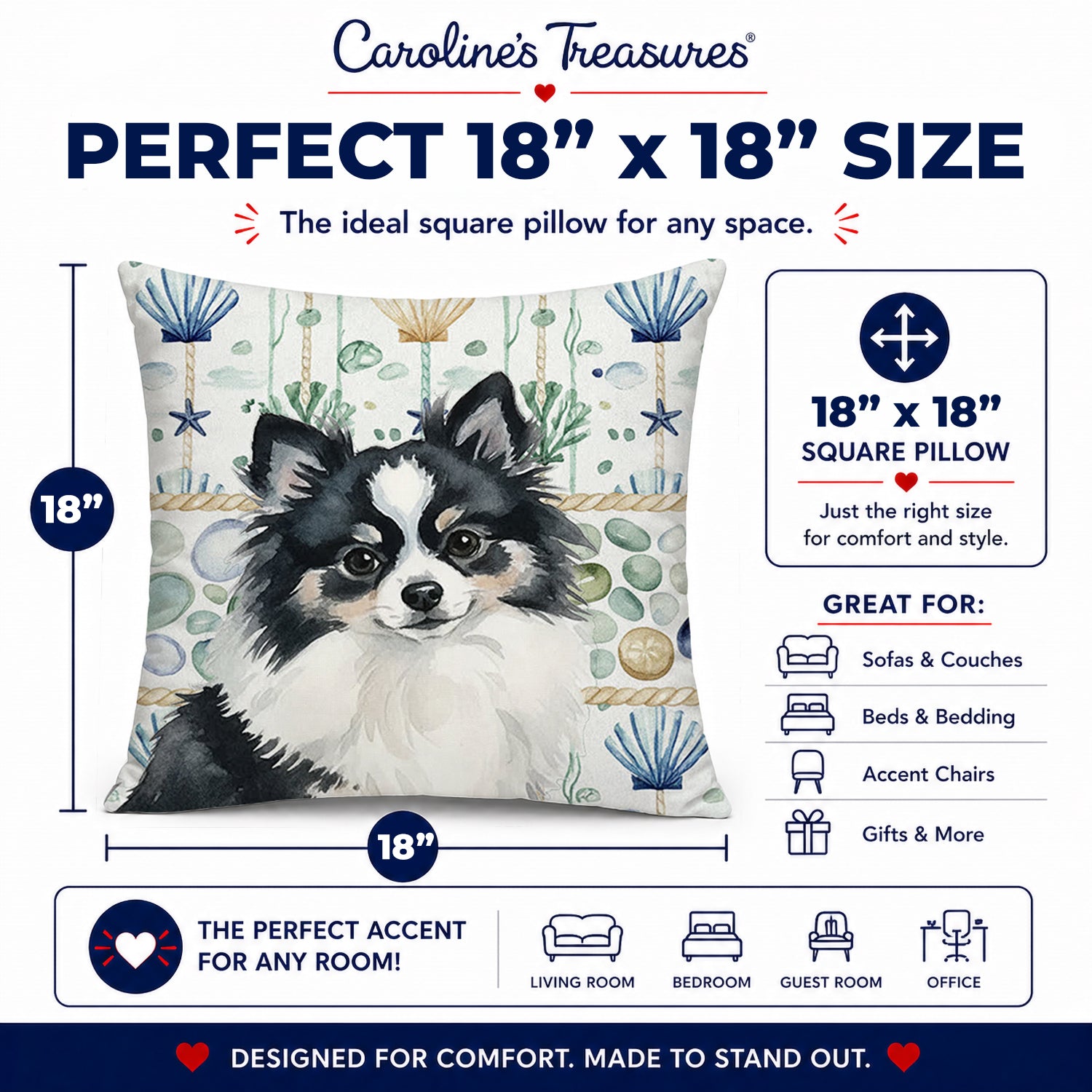 Black and White Pomeranian Coastal Sea Glass Decorative Throw Pillow 18x18 Indoor Outdoor Accent Cushion, Fabric Cover with Insert for Sofa, Bed, Porch & Living Room
