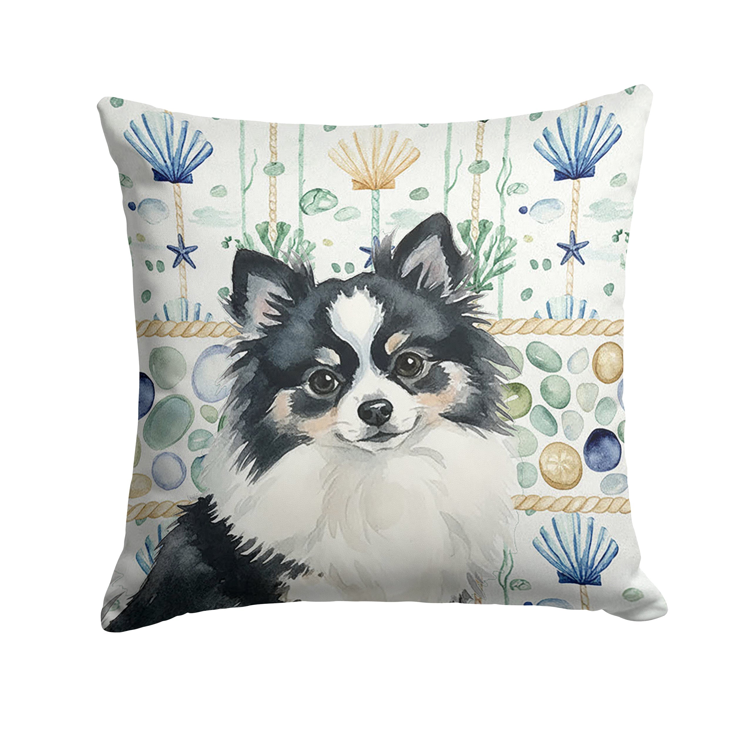 Black and White Pomeranian Coastal Sea Glass Decorative Throw Pillow 18x18 Indoor Outdoor Accent Cushion, Fabric Cover with Insert for Sofa, Bed, Porch & Living Room