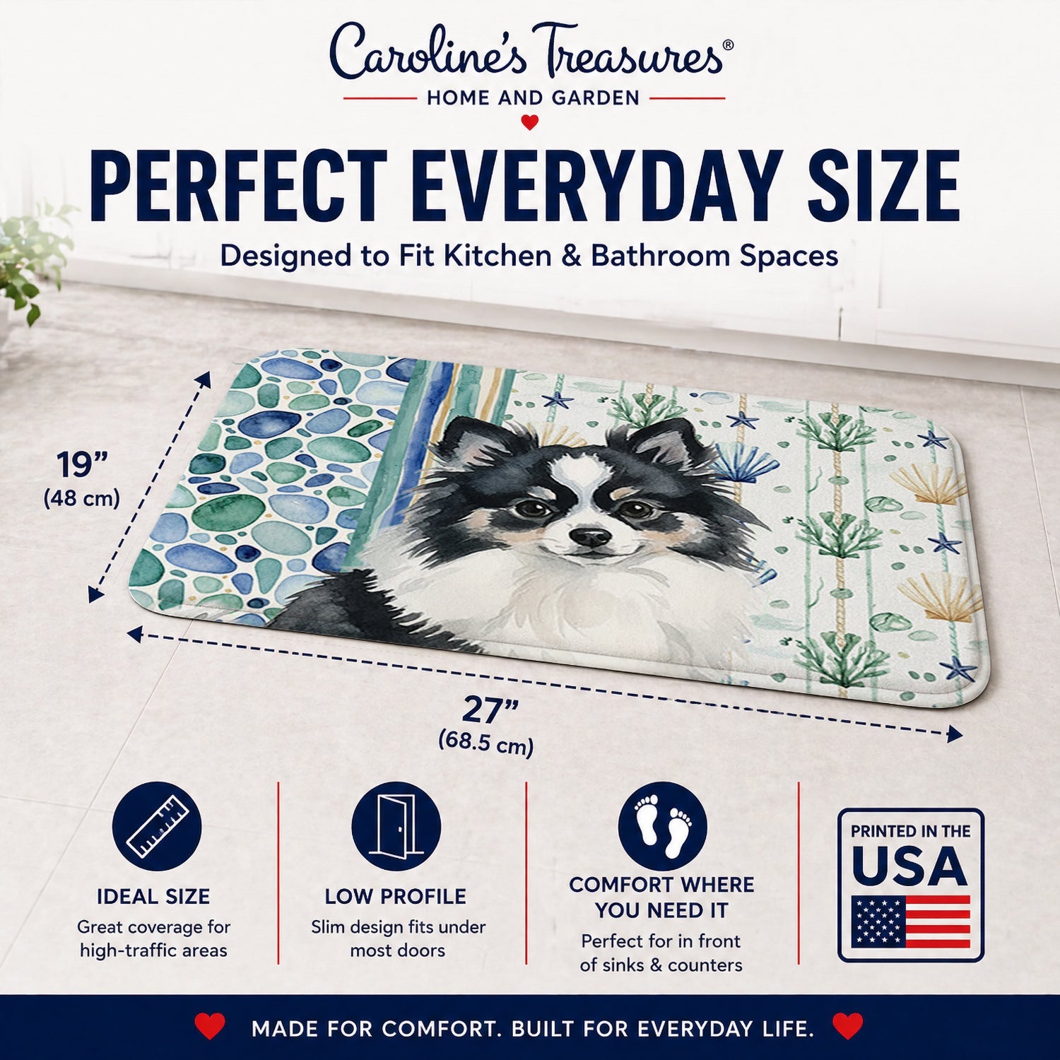 Black and White Pomeranian Coastal Sea Glass Memory Foam Kitchen Mat Machine Washable Anti-Fatigue Cushion Comfort Bath or Kitchen Rug