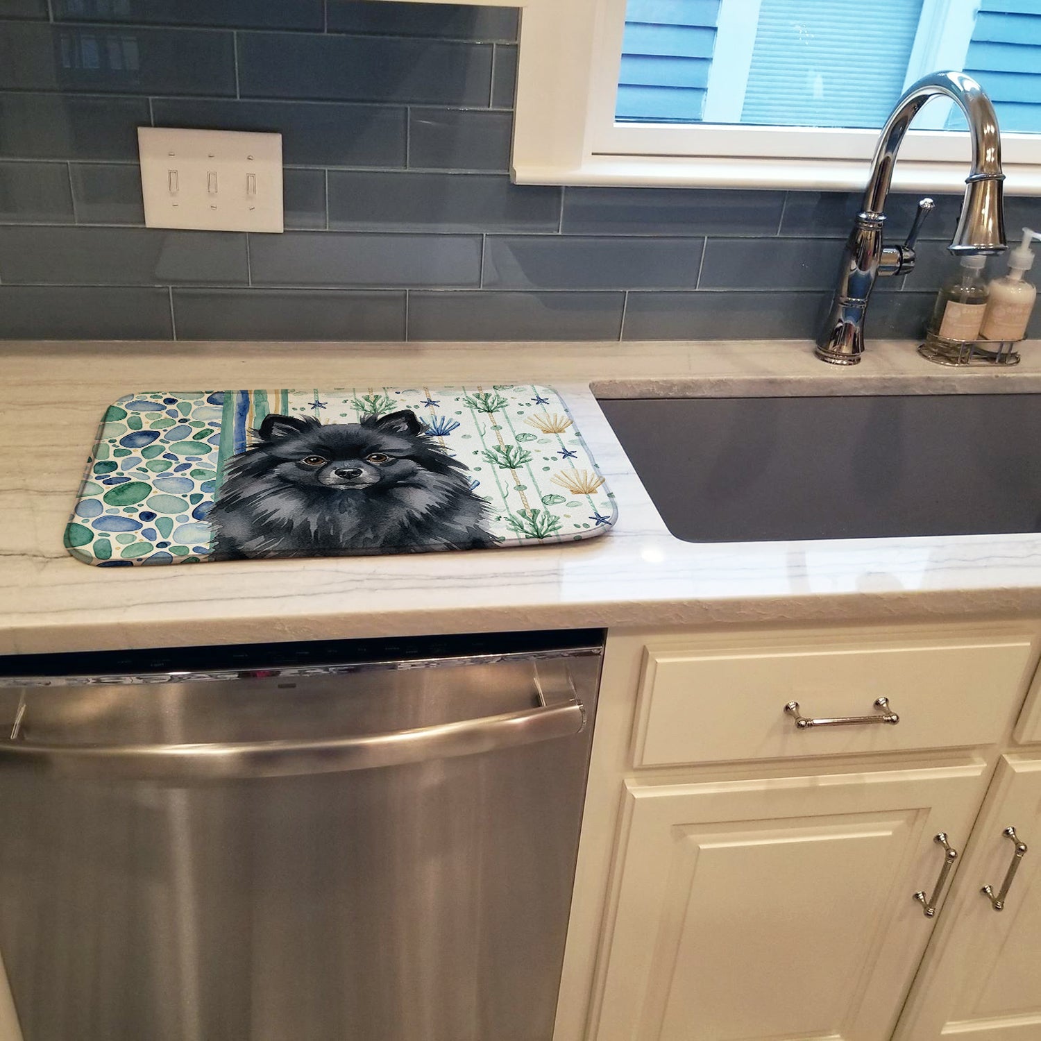 Black Pomeranian Coastal Sea Glass Dish Drying Mat Absorbent Dish Drying Mat Pad for Kitchen Counter Dish Drainer Mat for Countertop, 14 x 21", Multicolor